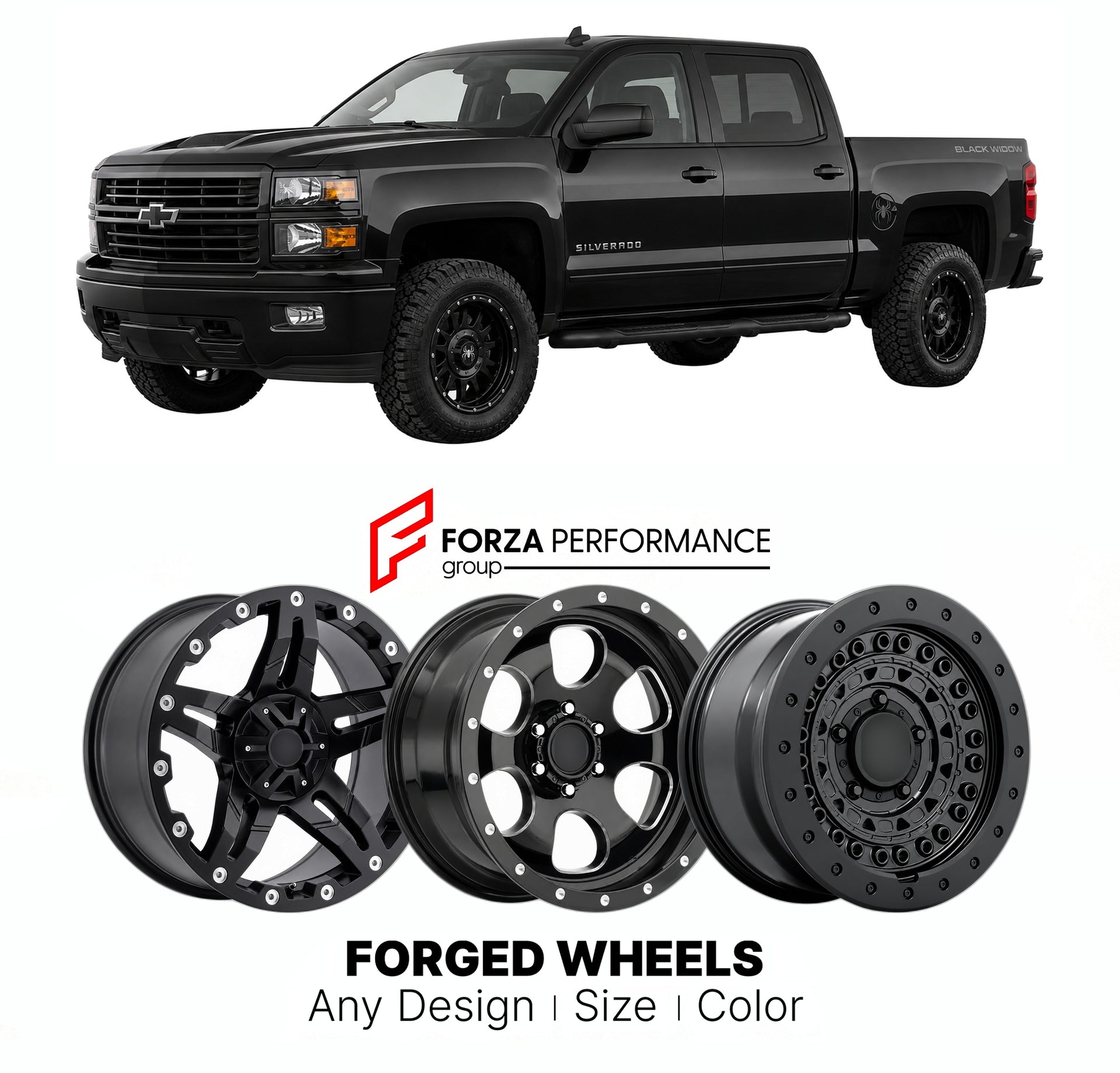 FORGED WHEELS RIMS for CHEVROLET SILVERADO 1500 BLACK WIDOW K2XX 2014 - 2018

Custom forged wheels for Chevrolet Silverado 1500 Black Widow K2XX 2014 - 2018. Made-to-order monoblock, 2-piece and 3-piece rims in custom sizes, offsets, colors and finishes with guaranteed fitment.

We manufacture premium quality forged wheels rims for Chevrolet Silverado 1500 Black Widow K2XX 2014 - 2018 in any design, size, color.

THIS WHEEL DESIGN CAN BE CUSTOM-MADE FOR YOUR CAR IN ANY SIZE AND COLOR OPTIONS
Available in mo