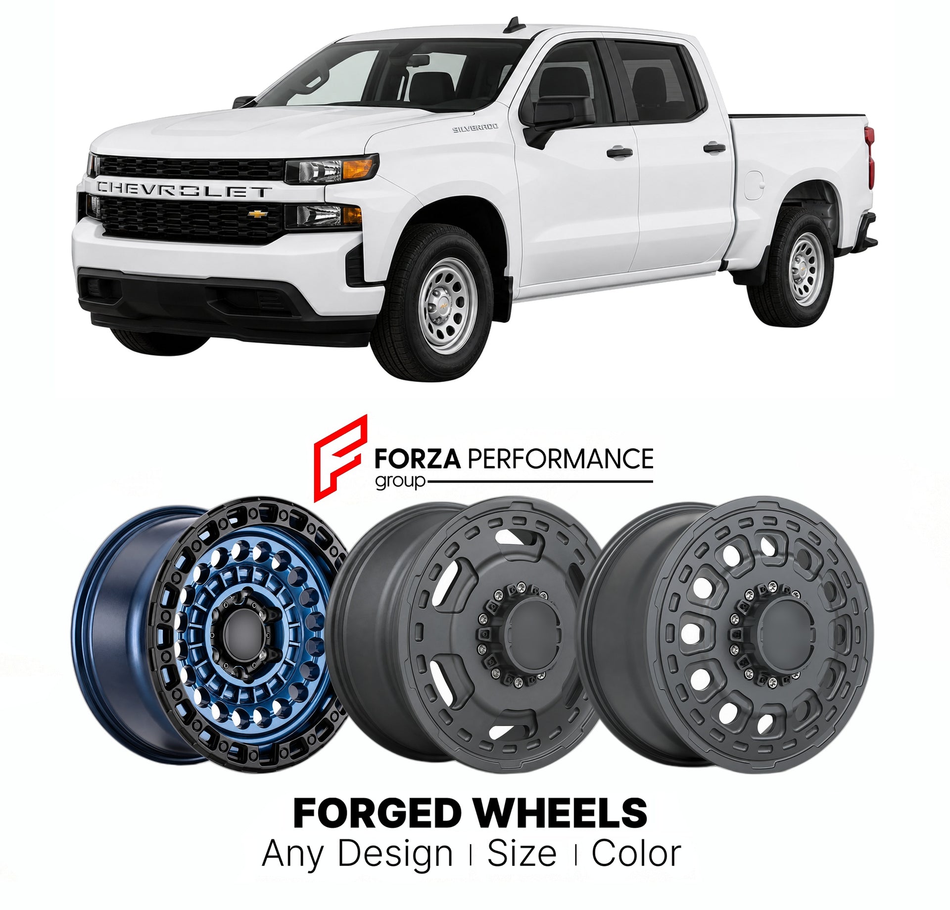 FORGED WHEELS RIMS for CHEVROLET SILVERADO 1500 CUSTOM T1XX 2019 - 2026

Custom forged wheels for Chevrolet Silverado 1500 Custom T1XX 2019 - 2026. Made-to-order monoblock, 2-piece and 3-piece rims in custom sizes, offsets, colors and finishes with guaranteed fitment.

We manufacture premium quality forged wheels rims for Chevrolet Silverado 1500 Custom T1XX 2019 - 2026 in any design, size, color.

THIS WHEEL DESIGN CAN BE CUSTOM-MADE FOR YOUR CAR IN ANY SIZE AND COLOR OPTIONS
Available in monoblock, 2-piec
