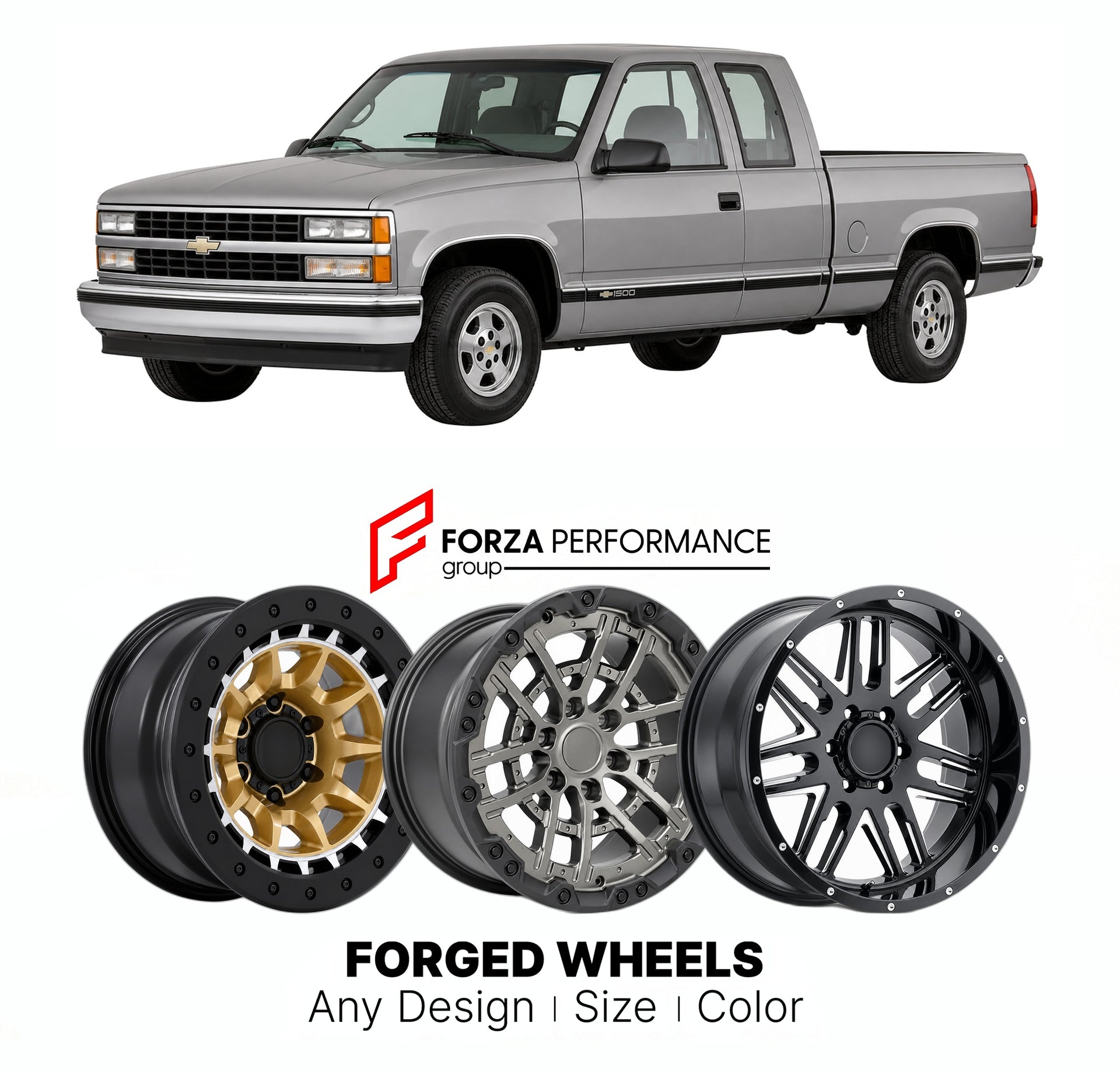 FORGED WHEELS RIMS for CHEVROLET SILVERADO 1500 EXTENDED CAB GMT400 1990 - 1998

Custom forged wheels for Chevrolet Silverado 1500 Extended Cab GMT400 1990 - 1998. Made-to-order monoblock, 2-piece and 3-piece rims in custom sizes, offsets, colors and finishes with guaranteed fitment.

We manufacture premium quality forged wheels rims for Chevrolet Silverado 1500 Extended Cab GMT400 1990 - 1998 in any design, size, color.

THIS WHEEL DESIGN CAN BE CUSTOM-MADE FOR YOUR CAR IN ANY SIZE AND COLOR OPTIONS
Availa