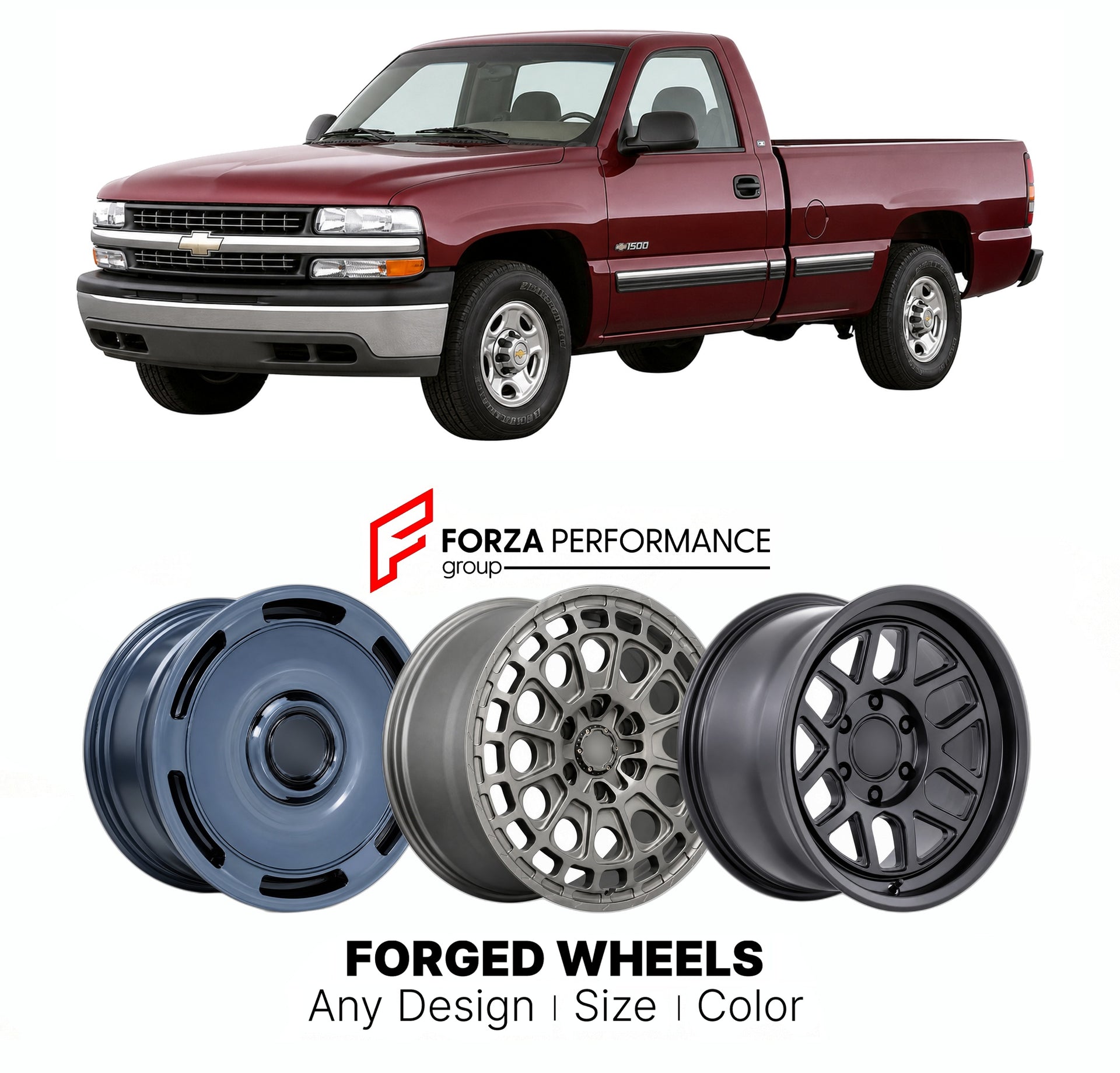 FORGED WHEELS RIMS for CHEVROLET SILVERADO 1500 GMT800 1999 - 2006

Custom forged wheels for Chevrolet Silverado 1500 GMT800 1999 - 2006. Made-to-order monoblock, 2-piece and 3-piece rims in custom sizes, offsets, colors and finishes with guaranteed fitment.

We manufacture premium quality forged wheels rims for Chevrolet Silverado 1500 GMT800 1999 - 2006 in any design, size, color.

THIS WHEEL DESIGN CAN BE CUSTOM-MADE FOR YOUR CAR IN ANY SIZE AND COLOR OPTIONS
Available in monoblock, 2-piece, 3-piece, duo