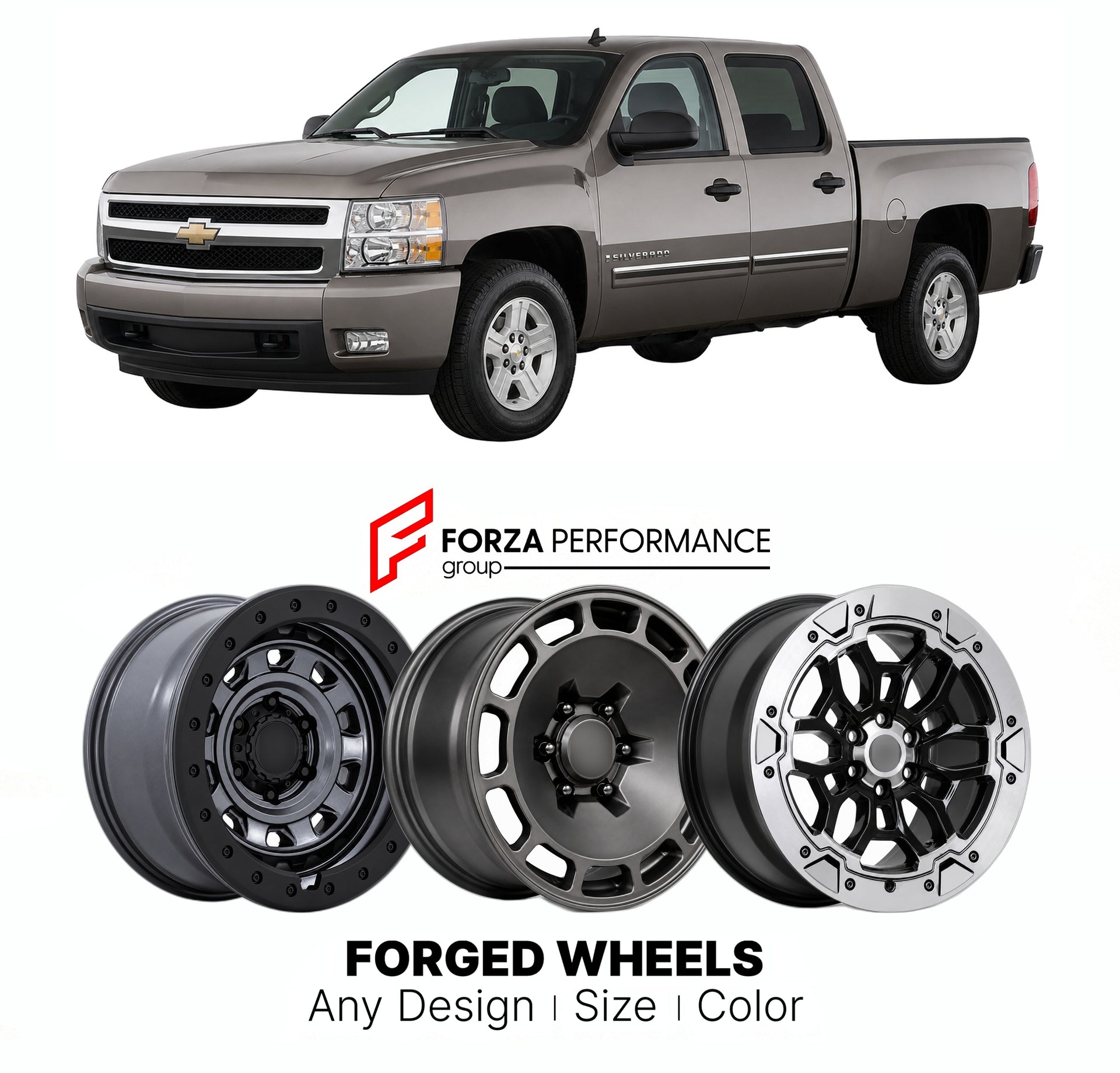 FORGED WHEELS RIMS for CHEVROLET SILVERADO 1500 GMT900 2007 - 2013

Custom forged wheels for Chevrolet Silverado 1500 GMT900 2007 - 2013. Made-to-order monoblock, 2-piece and 3-piece rims in custom sizes, offsets, colors and finishes with guaranteed fitment.

We manufacture premium quality forged wheels rims for Chevrolet Silverado 1500 GMT900 2007 - 2013 in any design, size, color.

THIS WHEEL DESIGN CAN BE CUSTOM-MADE FOR YOUR CAR IN ANY SIZE AND COLOR OPTIONS
Available in monoblock, 2-piece, 3-piece, duo