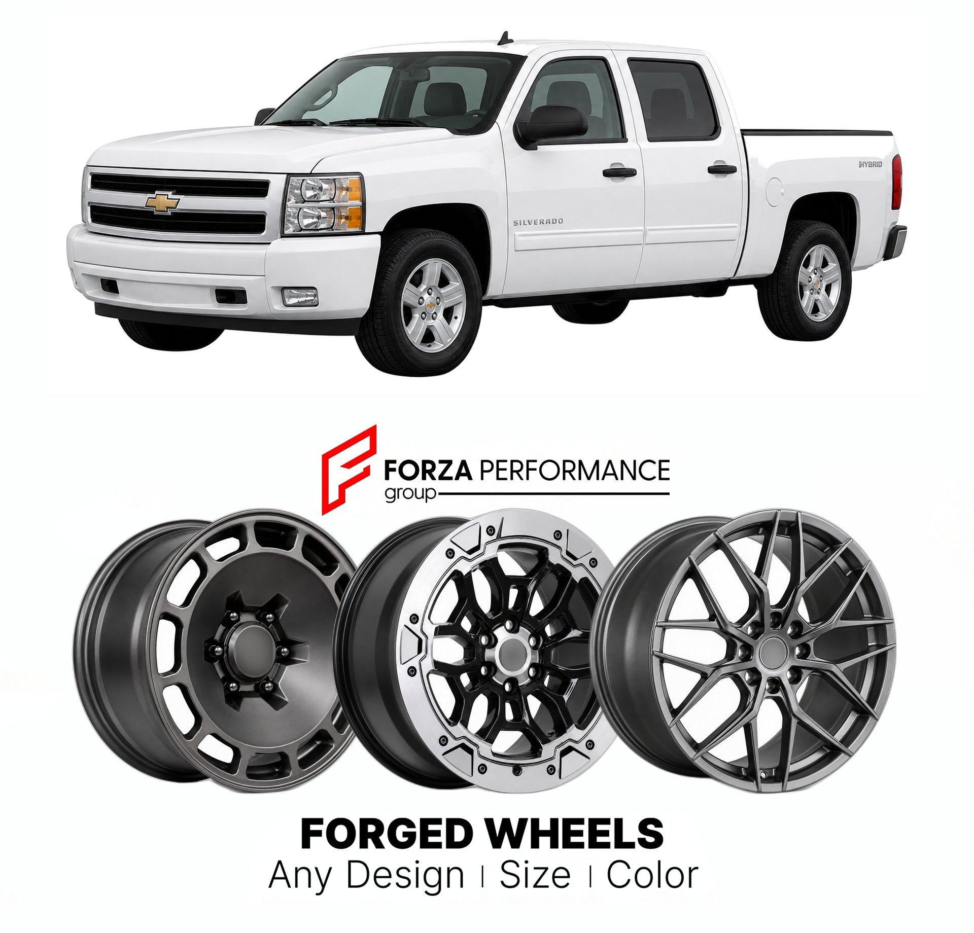 FORGED WHEELS RIMS for CHEVROLET SILVERADO 1500 HYBRID GMT900 2007 - 2013

Custom forged wheels for Chevrolet Silverado 1500 Hybrid GMT900 2007 - 2013. Made-to-order monoblock, 2-piece and 3-piece rims in custom sizes, offsets, colors and finishes with guaranteed fitment.

We manufacture premium quality forged wheels rims for Chevrolet Silverado 1500 Hybrid GMT900 2007 - 2013 in any design, size, color.

THIS WHEEL DESIGN CAN BE CUSTOM-MADE FOR YOUR CAR IN ANY SIZE AND COLOR OPTIONS
Available in monoblock, 
