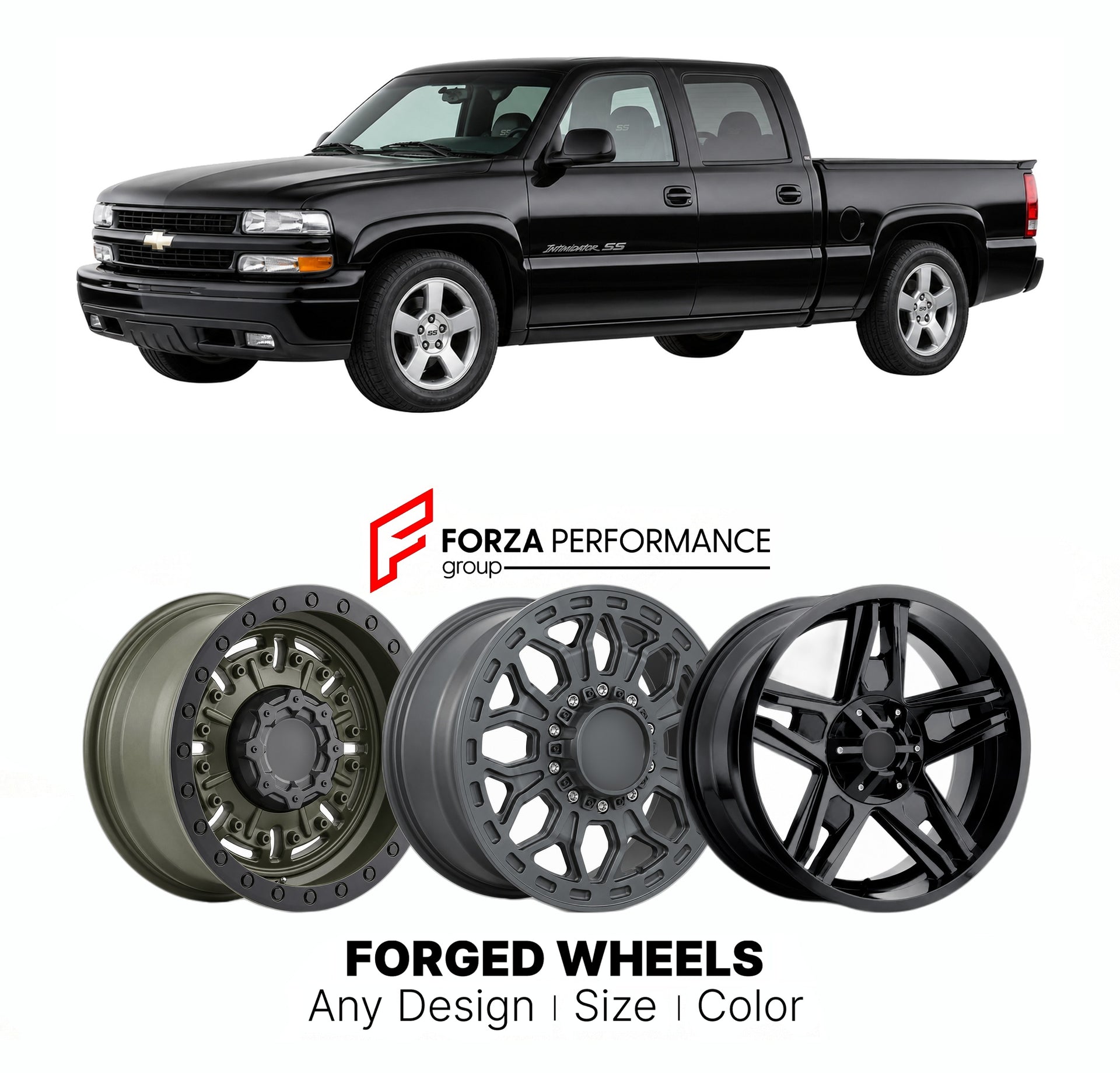 FORGED WHEELS RIMS for CHEVROLET SILVERADO 1500 INTIMIDATOR SS GMT800 1999 - 2007

Custom forged wheels for Chevrolet Silverado 1500 Intimidator SS GMT800 1999 - 2007. Made-to-order monoblock, 2-piece and 3-piece rims in custom sizes, offsets, colors and finishes with guaranteed fitment.

We manufacture premium quality forged wheels rims for Chevrolet Silverado 1500 Intimidator SS GMT800 1999 - 2007 in any design, size, color.

THIS WHEEL DESIGN CAN BE CUSTOM-MADE FOR YOUR CAR IN ANY SIZE AND COLOR OPTIONS
