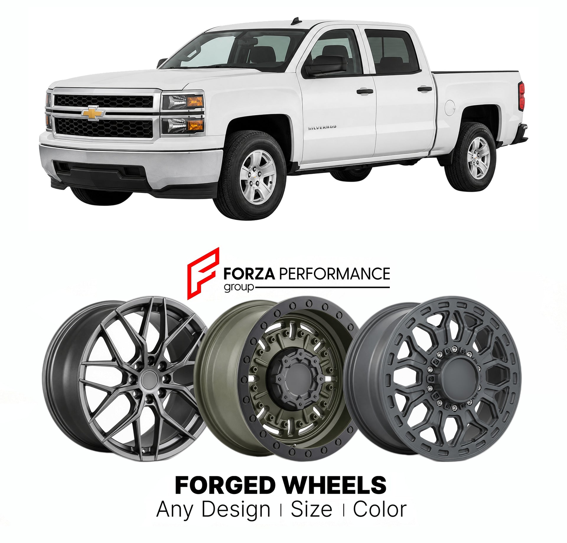 FORGED WHEELS RIMS for CHEVROLET SILVERADO 1500 K2XX 2014 - 2018

Custom forged wheels for Chevrolet Silverado 1500 K2XX 2014 - 2018. Made-to-order monoblock, 2-piece and 3-piece rims in custom sizes, offsets, colors and finishes with guaranteed fitment.

We manufacture premium quality forged wheels rims for Chevrolet Silverado 1500 K2XX 2014 - 2018 in any design, size, color.

THIS WHEEL DESIGN CAN BE CUSTOM-MADE FOR YOUR CAR IN ANY SIZE AND COLOR OPTIONS
Available in monoblock, 2-piece, 3-piece, duoblock,