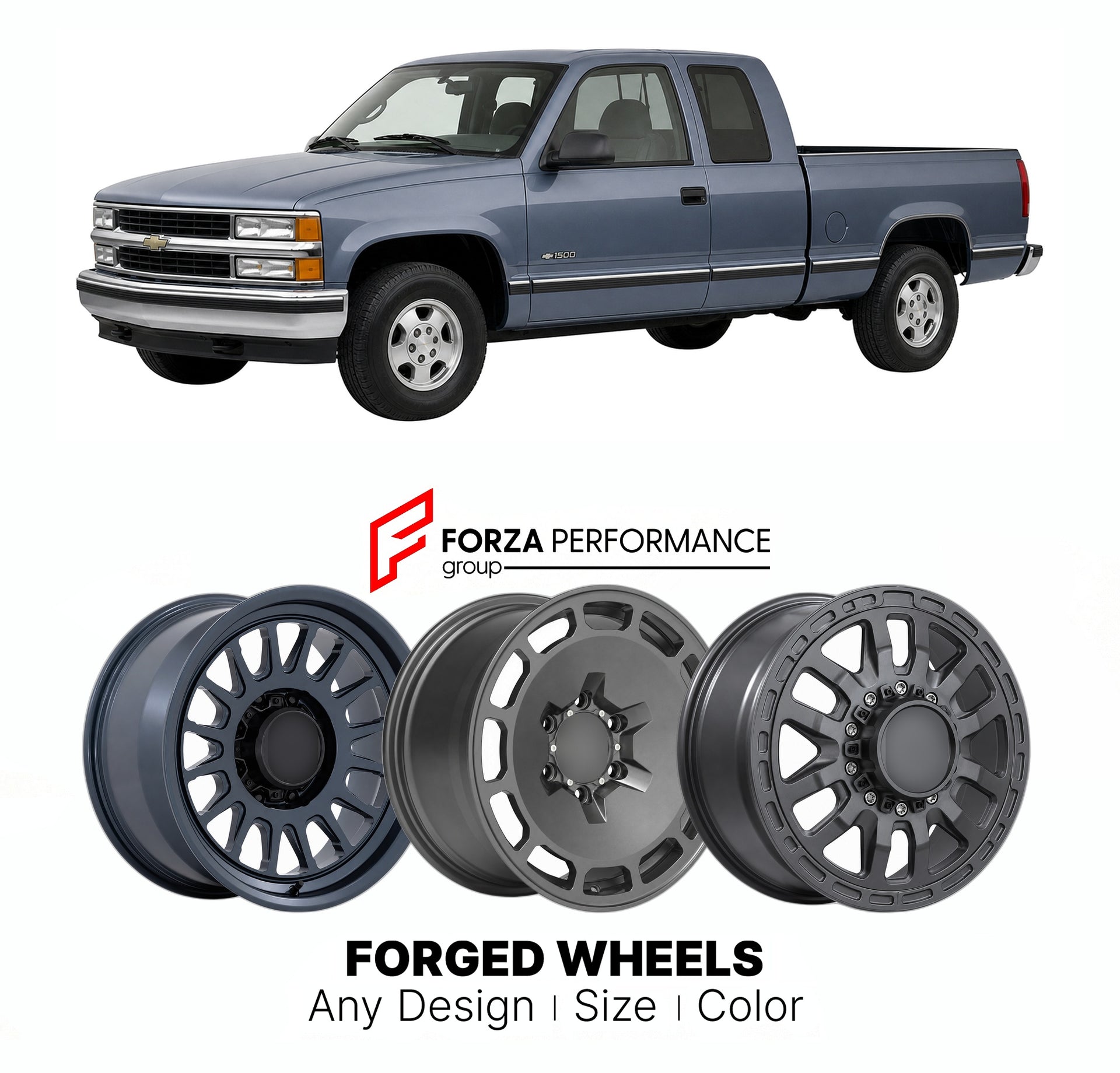 FORGED WHEELS RIMS for CHEVROLET SILVERADO 1500 LS GMT800 1999 - 2007

Custom forged wheels for Chevrolet Silverado 1500 LS GMT800 1999 - 2007. Made-to-order monoblock, 2-piece and 3-piece rims in custom sizes, offsets, colors and finishes with guaranteed fitment.

We manufacture premium quality forged wheels rims for Chevrolet Silverado 1500 LS GMT800 1999 - 2007 in any design, size, color.

THIS WHEEL DESIGN CAN BE CUSTOM-MADE FOR YOUR CAR IN ANY SIZE AND COLOR OPTIONS
Available in monoblock, 2-piece, 3-p