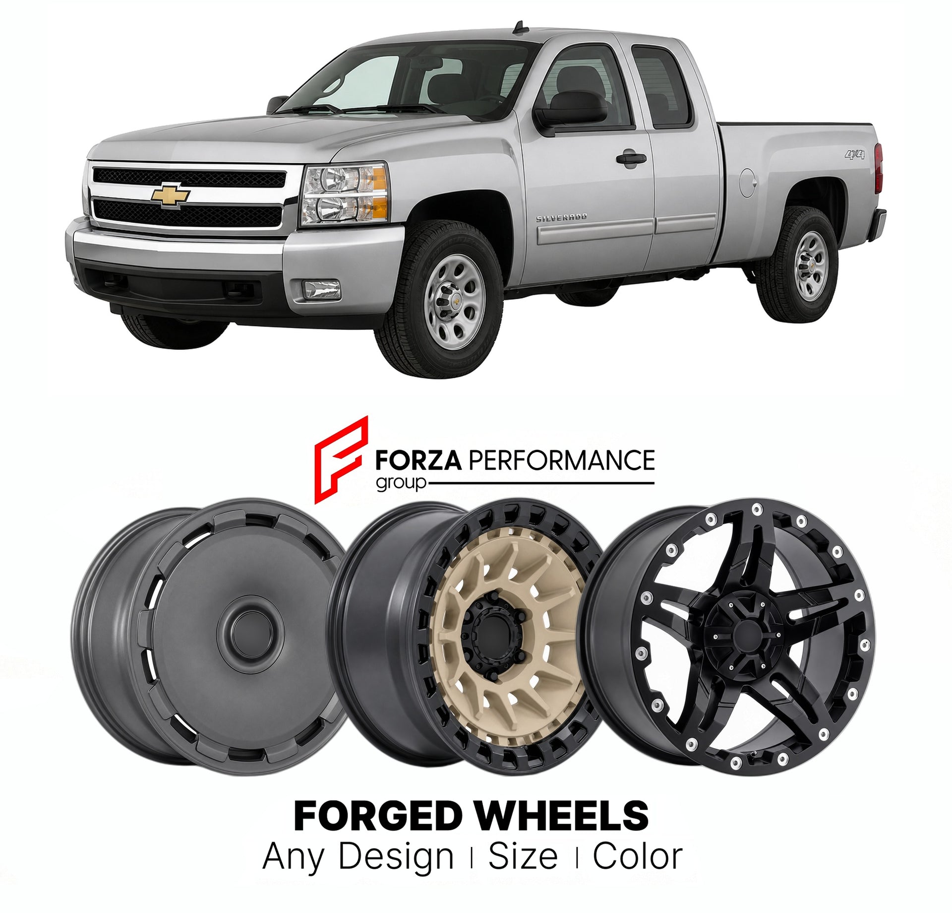 FORGED WHEELS RIMS for CHEVROLET SILVERADO 1500 LS GMT900 2007 - 2013

Custom forged wheels for Chevrolet Silverado 1500 LS GMT900 2007 - 2013. Made-to-order monoblock, 2-piece and 3-piece rims in custom sizes, offsets, colors and finishes with guaranteed fitment.

We manufacture premium quality forged wheels rims for Chevrolet Silverado 1500 LS GMT900 2007 - 2013 in any design, size, color.

THIS WHEEL DESIGN CAN BE CUSTOM-MADE FOR YOUR CAR IN ANY SIZE AND COLOR OPTIONS
Available in monoblock, 2-piece, 3-p