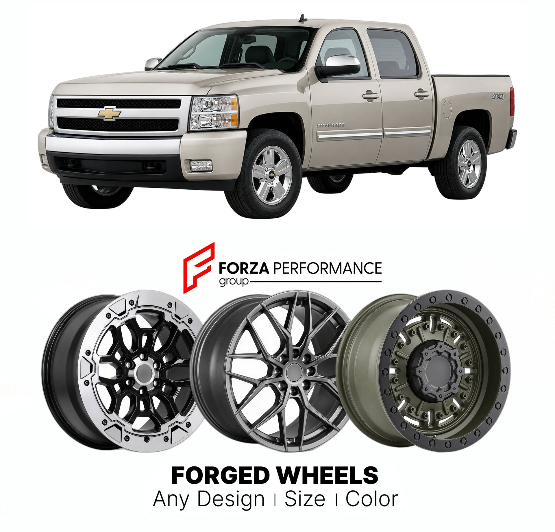 FORGED WHEELS RIMS for CHEVROLET SILVERADO 1500 LTZ GMT900 2007 - 2013

Custom forged wheels for Chevrolet Silverado 1500 LTZ GMT900 2007 - 2013. Made-to-order monoblock, 2-piece and 3-piece rims in custom sizes, offsets, colors and finishes with guaranteed fitment.

We manufacture premium quality forged wheels rims for Chevrolet Silverado 1500 LTZ GMT900 2007 - 2013 in any design, size, color.

THIS WHEEL DESIGN CAN BE CUSTOM-MADE FOR YOUR CAR IN ANY SIZE AND COLOR OPTIONS
Available in monoblock, 2-piece, 