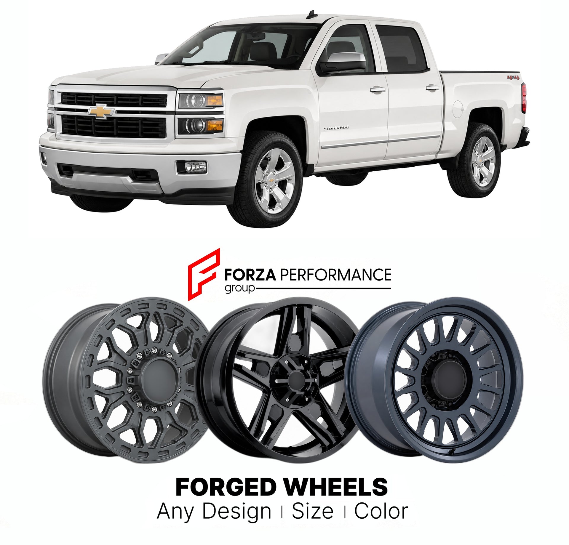 FORGED WHEELS RIMS for CHEVROLET SILVERADO 1500 LTZ K2XX 2014 - 2018

Custom forged wheels for Chevrolet Silverado 1500 LTZ K2XX 2014 - 2018. Made-to-order monoblock, 2-piece and 3-piece rims in custom sizes, offsets, colors and finishes with guaranteed fitment.

We manufacture premium quality forged wheels rims for Chevrolet Silverado 1500 LTZ K2XX 2014 - 2018 in any design, size, color.

THIS WHEEL DESIGN CAN BE CUSTOM-MADE FOR YOUR CAR IN ANY SIZE AND COLOR OPTIONS
Available in monoblock, 2-piece, 3-piec