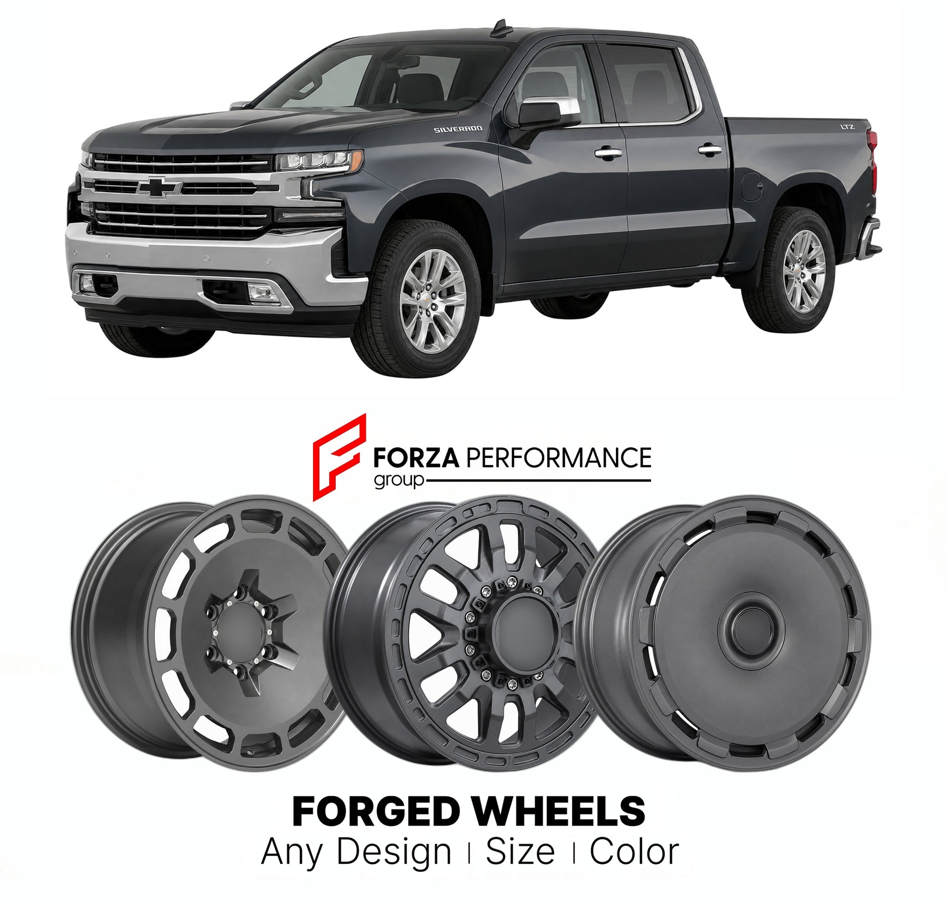 FORGED WHEELS RIMS for CHEVROLET SILVERADO 1500 LTZ T1XX 2019 - 2026

Custom forged wheels for Chevrolet Silverado 1500 LTZ T1XX 2019 - 2026. Made-to-order monoblock, 2-piece and 3-piece rims in custom sizes, offsets, colors and finishes with guaranteed fitment.

We manufacture premium quality forged wheels rims for Chevrolet Silverado 1500 LTZ T1XX 2019 - 2026 in any design, size, color.

THIS WHEEL DESIGN CAN BE CUSTOM-MADE FOR YOUR CAR IN ANY SIZE AND COLOR OPTIONS
Available in monoblock, 2-piece, 3-piec