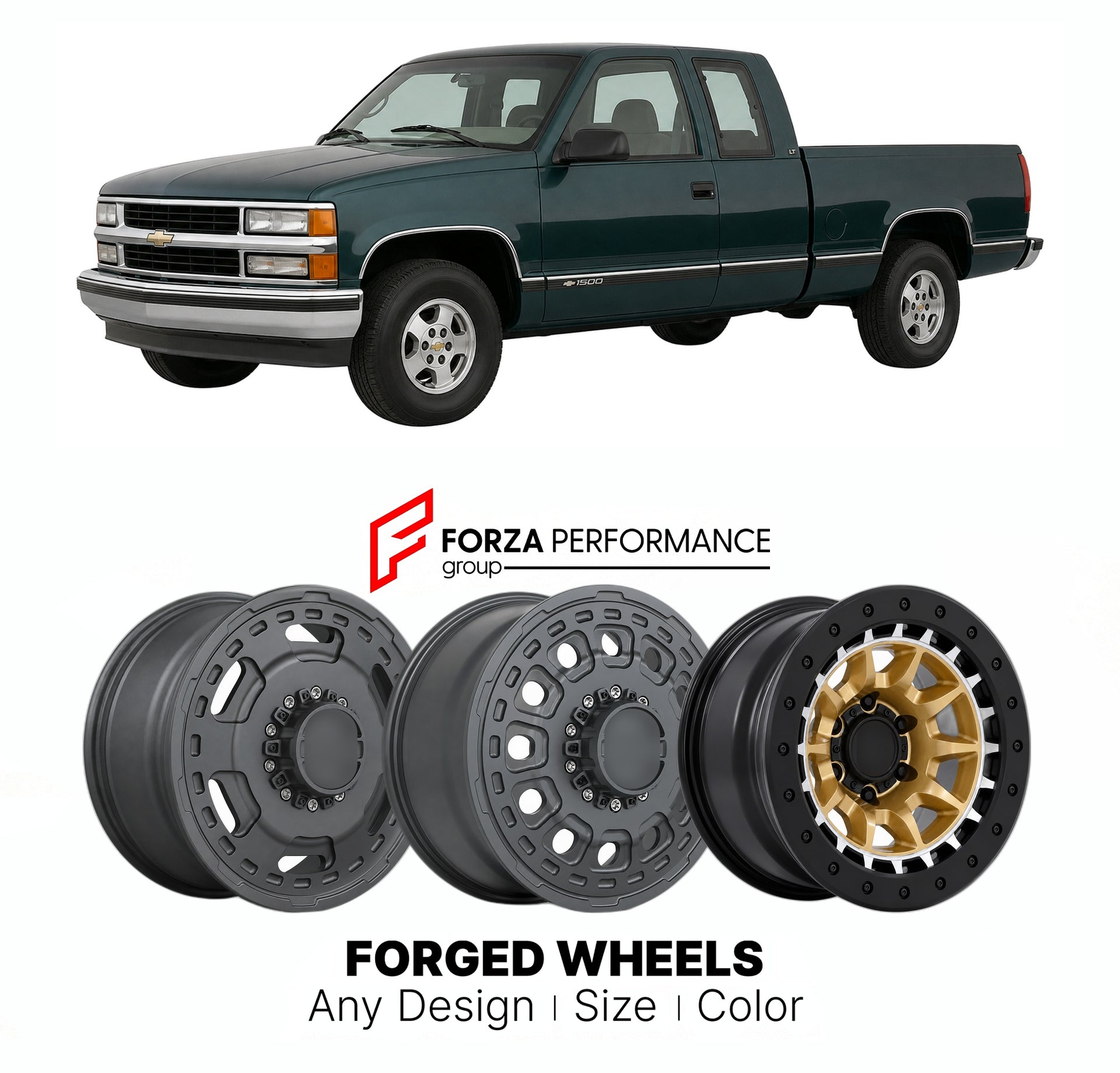 FORGED WHEELS RIMS for CHEVROLET SILVERADO 1500 LT GMT800 1999 - 2007

Custom forged wheels for Chevrolet Silverado 1500 LT GMT800 1999 - 2007. Made-to-order monoblock, 2-piece and 3-piece rims in custom sizes, offsets, colors and finishes with guaranteed fitment.

We manufacture premium quality forged wheels rims for Chevrolet Silverado 1500 LT GMT800 1999 - 2007 in any design, size, color.

THIS WHEEL DESIGN CAN BE CUSTOM-MADE FOR YOUR CAR IN ANY SIZE AND COLOR OPTIONS
Available in monoblock, 2-piece, 3-p