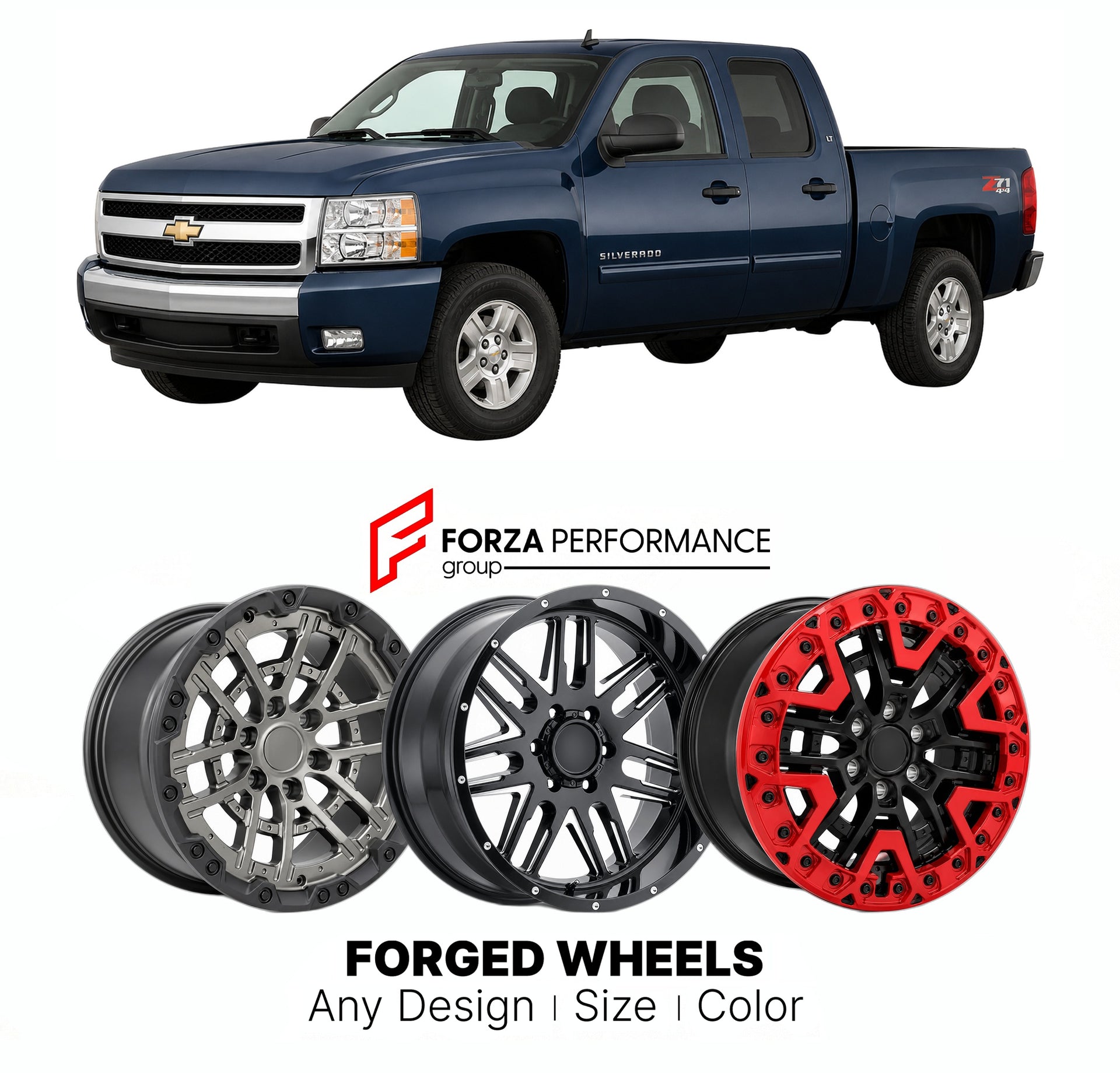 FORGED WHEELS RIMS for CHEVROLET SILVERADO 1500 LT GMT900 2007 - 2013

Custom forged wheels for Chevrolet Silverado 1500 LT GMT900 2007 - 2013. Made-to-order monoblock, 2-piece and 3-piece rims in custom sizes, offsets, colors and finishes with guaranteed fitment.

We manufacture premium quality forged wheels rims for Chevrolet Silverado 1500 LT GMT900 2007 - 2013 in any design, size, color.

THIS WHEEL DESIGN CAN BE CUSTOM-MADE FOR YOUR CAR IN ANY SIZE AND COLOR OPTIONS
Available in monoblock, 2-piece, 3-p