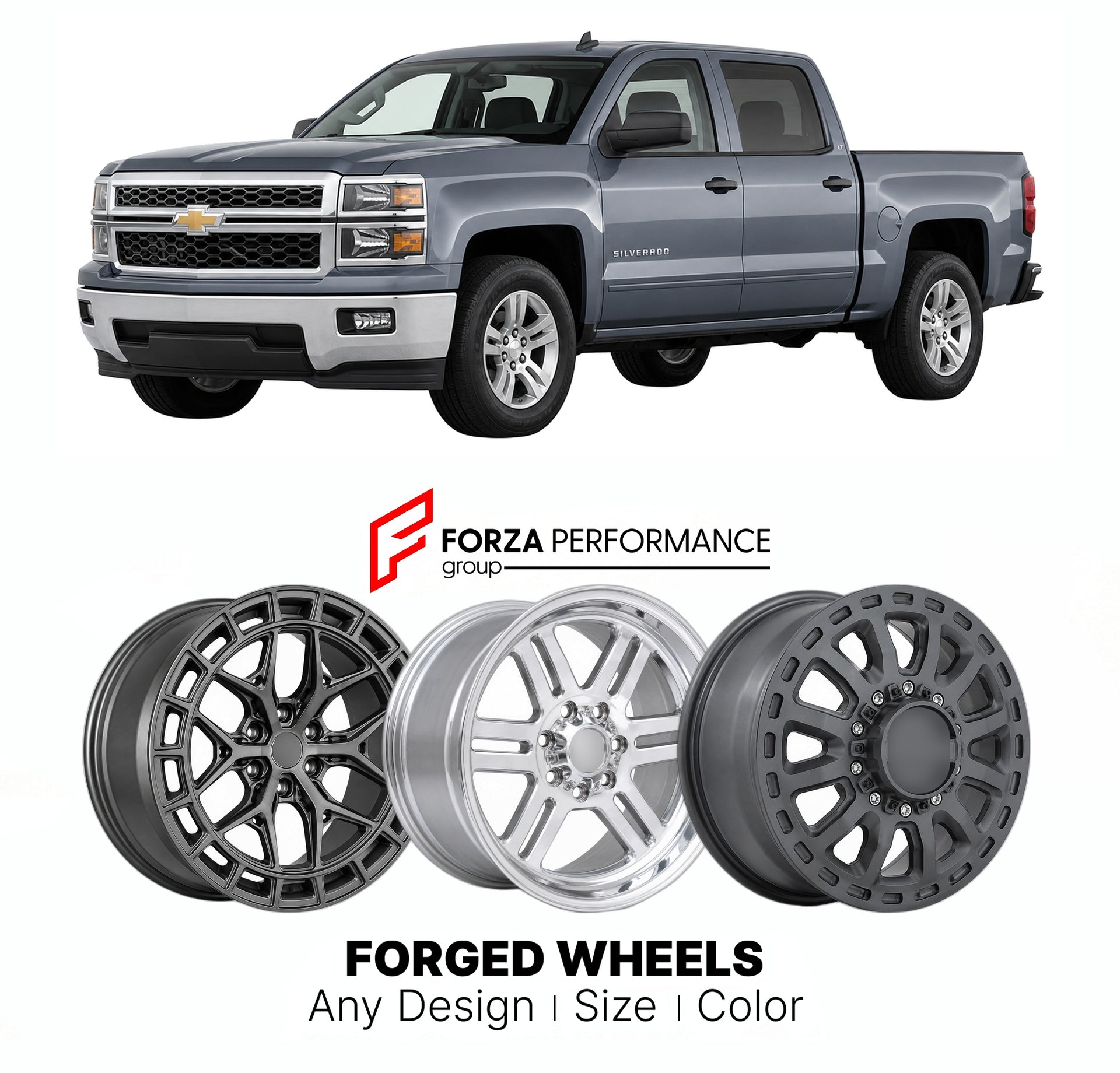 FORGED WHEELS RIMS for CHEVROLET SILVERADO 1500 LT K2XX 2014 - 2018

Custom forged wheels for Chevrolet Silverado 1500 LT K2XX 2014 - 2018. Made-to-order monoblock, 2-piece and 3-piece rims in custom sizes, offsets, colors and finishes with guaranteed fitment.

We manufacture premium quality forged wheels rims for Chevrolet Silverado 1500 LT K2XX 2014 - 2018 in any design, size, color.

THIS WHEEL DESIGN CAN BE CUSTOM-MADE FOR YOUR CAR IN ANY SIZE AND COLOR OPTIONS
Available in monoblock, 2-piece, 3-piece, 