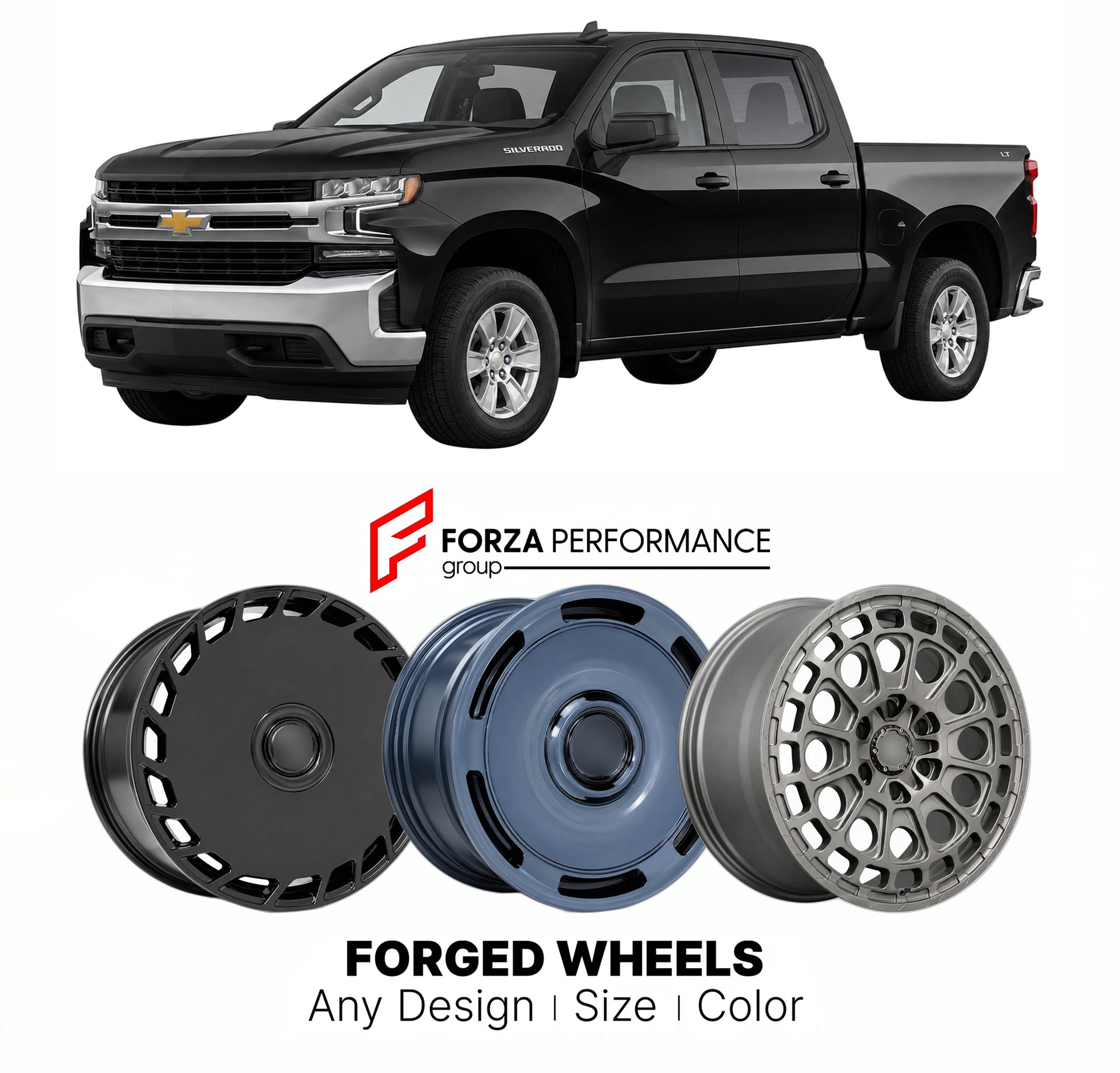 FORGED WHEELS RIMS for CHEVROLET SILVERADO 1500 LT T1XX 2019 - 2026

Custom forged wheels for Chevrolet Silverado 1500 LT T1XX 2019 - 2026. Made-to-order monoblock, 2-piece and 3-piece rims in custom sizes, offsets, colors and finishes with guaranteed fitment.

We manufacture premium quality forged wheels rims for Chevrolet Silverado 1500 LT T1XX 2019 - 2026 in any design, size, color.

THIS WHEEL DESIGN CAN BE CUSTOM-MADE FOR YOUR CAR IN ANY SIZE AND COLOR OPTIONS
Available in monoblock, 2-piece, 3-piece, 