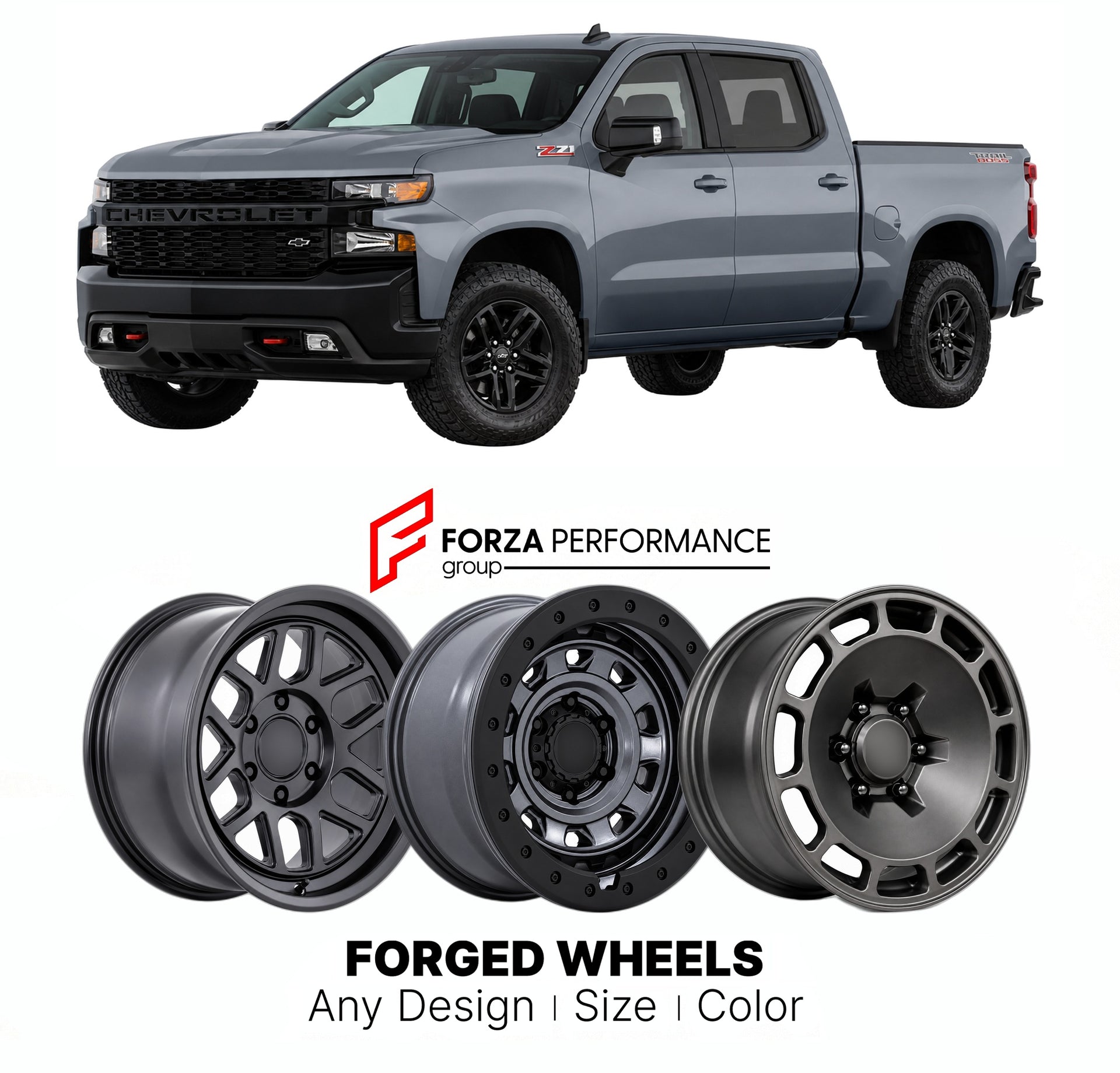 FORGED WHEELS RIMS for CHEVROLET SILVERADO 1500 LT TRAIL BOSS T1XX 2019 - 2026

Custom forged wheels for Chevrolet Silverado 1500 LT Trail Boss T1XX 2019 - 2026. Made-to-order monoblock, 2-piece and 3-piece rims in custom sizes, offsets, colors and finishes with guaranteed fitment.

We manufacture premium quality forged wheels rims for Chevrolet Silverado 1500 LT Trail Boss T1XX 2019 - 2026 in any design, size, color.

THIS WHEEL DESIGN CAN BE CUSTOM-MADE FOR YOUR CAR IN ANY SIZE AND COLOR OPTIONS
Available