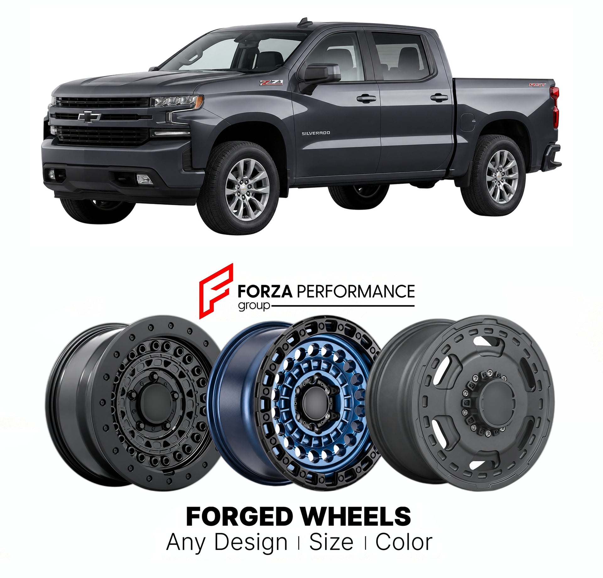 FORGED WHEELS RIMS for CHEVROLET SILVERADO 1500 RST T1XX 2019 - 2026

Custom forged wheels for Chevrolet Silverado 1500 RST T1XX 2019 - 2026. Made-to-order monoblock, 2-piece and 3-piece rims in custom sizes, offsets, colors and finishes with guaranteed fitment.

We manufacture premium quality forged wheels rims for Chevrolet Silverado 1500 RST T1XX 2019 - 2026 in any design, size, color.

THIS WHEEL DESIGN CAN BE CUSTOM-MADE FOR YOUR CAR IN ANY SIZE AND COLOR OPTIONS
Available in monoblock, 2-piece, 3-piec