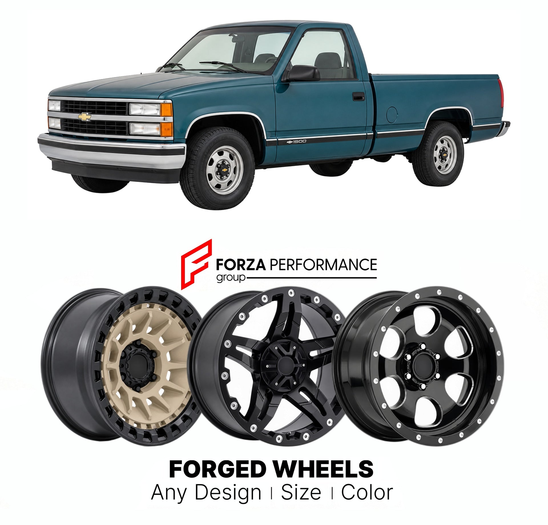 FORGED WHEELS RIMS for CHEVROLET SILVERADO 1500 REGULAR CAB GMT400 1990 - 1998

Custom forged wheels for Chevrolet Silverado 1500 Regular Cab GMT400 1990 - 1998. Made-to-order monoblock, 2-piece and 3-piece rims in custom sizes, offsets, colors and finishes with guaranteed fitment.

We manufacture premium quality forged wheels rims for Chevrolet Silverado 1500 Regular Cab GMT400 1990 - 1998 in any design, size, color.

THIS WHEEL DESIGN CAN BE CUSTOM-MADE FOR YOUR CAR IN ANY SIZE AND COLOR OPTIONS
Available