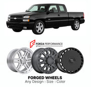 FORGED WHEELS RIMS for CHEVROLET SILVERADO 1500 SS GMT800 1999 - 2007

Custom forged wheels for Chevrolet Silverado 1500 SS GMT800 1999 - 2007. Made-to-order monoblock, 2-piece and 3-piece rims in custom sizes, offsets, colors and finishes with guaranteed fitment.

We manufacture premium quality forged wheels rims for Chevrolet Silverado 1500 SS GMT800 1999 - 2007 in any design, size, color.

THIS WHEEL DESIGN CAN BE CUSTOM-MADE FOR YOUR CAR IN ANY SIZE AND COLOR OPTIONS
Available in monoblock, 2-piece, 3-p