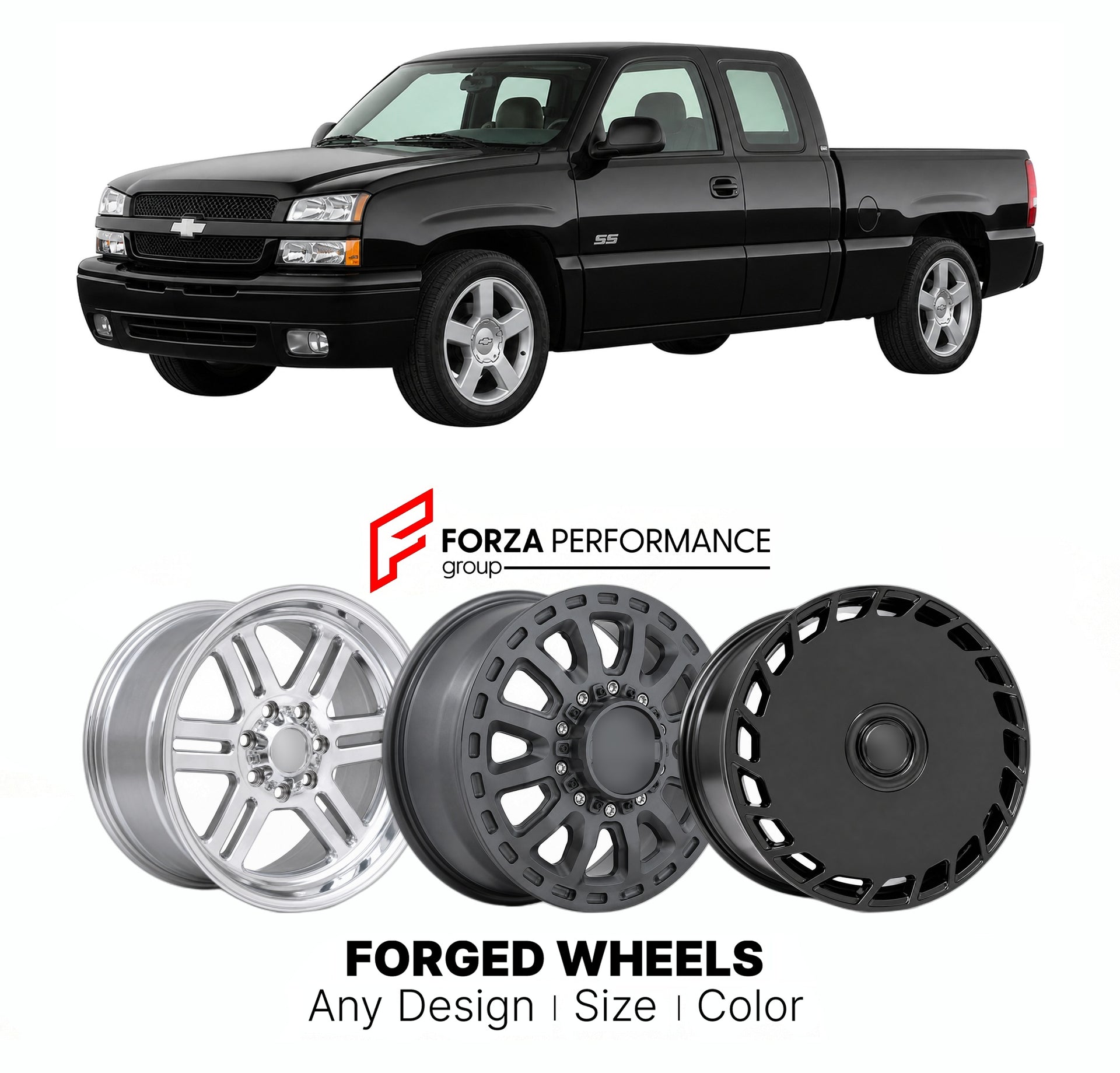 FORGED WHEELS RIMS for CHEVROLET SILVERADO 1500 SS GMT800 1999 - 2007

Custom forged wheels for Chevrolet Silverado 1500 SS GMT800 1999 - 2007. Made-to-order monoblock, 2-piece and 3-piece rims in custom sizes, offsets, colors and finishes with guaranteed fitment.

We manufacture premium quality forged wheels rims for Chevrolet Silverado 1500 SS GMT800 1999 - 2007 in any design, size, color.

THIS WHEEL DESIGN CAN BE CUSTOM-MADE FOR YOUR CAR IN ANY SIZE AND COLOR OPTIONS
Available in monoblock, 2-piece, 3-p