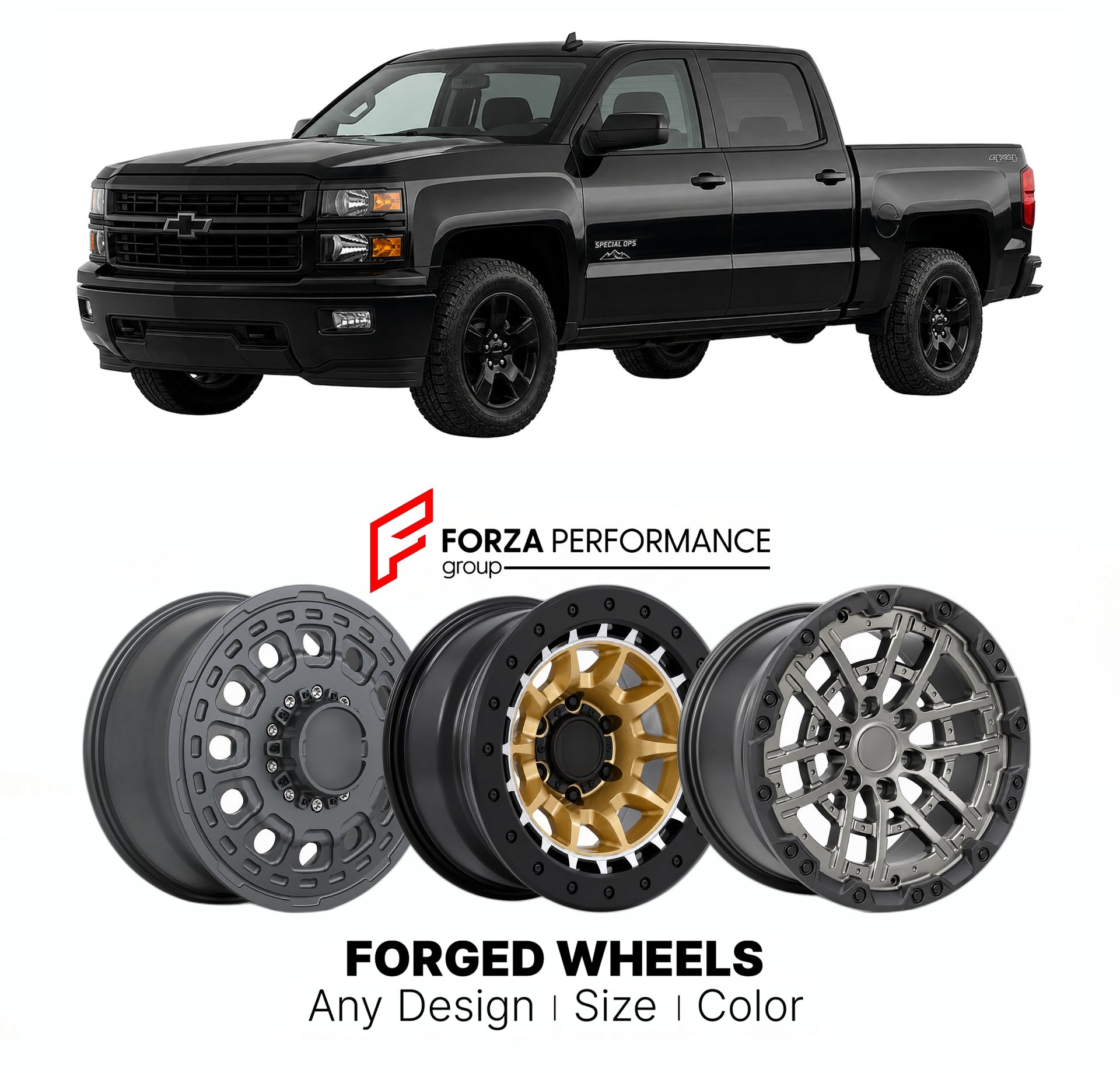 FORGED WHEELS RIMS for CHEVROLET SILVERADO 1500 SPECIAL OPS EDITION K2XX 2014 - 2018

Custom forged wheels for Chevrolet Silverado 1500 Special Ops Edition K2XX 2014 - 2018. Made-to-order monoblock, 2-piece and 3-piece rims in custom sizes, offsets, colors and finishes with guaranteed fitment.

We manufacture premium quality forged wheels rims for Chevrolet Silverado 1500 Special Ops Edition K2XX 2014 - 2018 in any design, size, color.

THIS WHEEL DESIGN CAN BE CUSTOM-MADE FOR YOUR CAR IN ANY SIZE AND COLOR