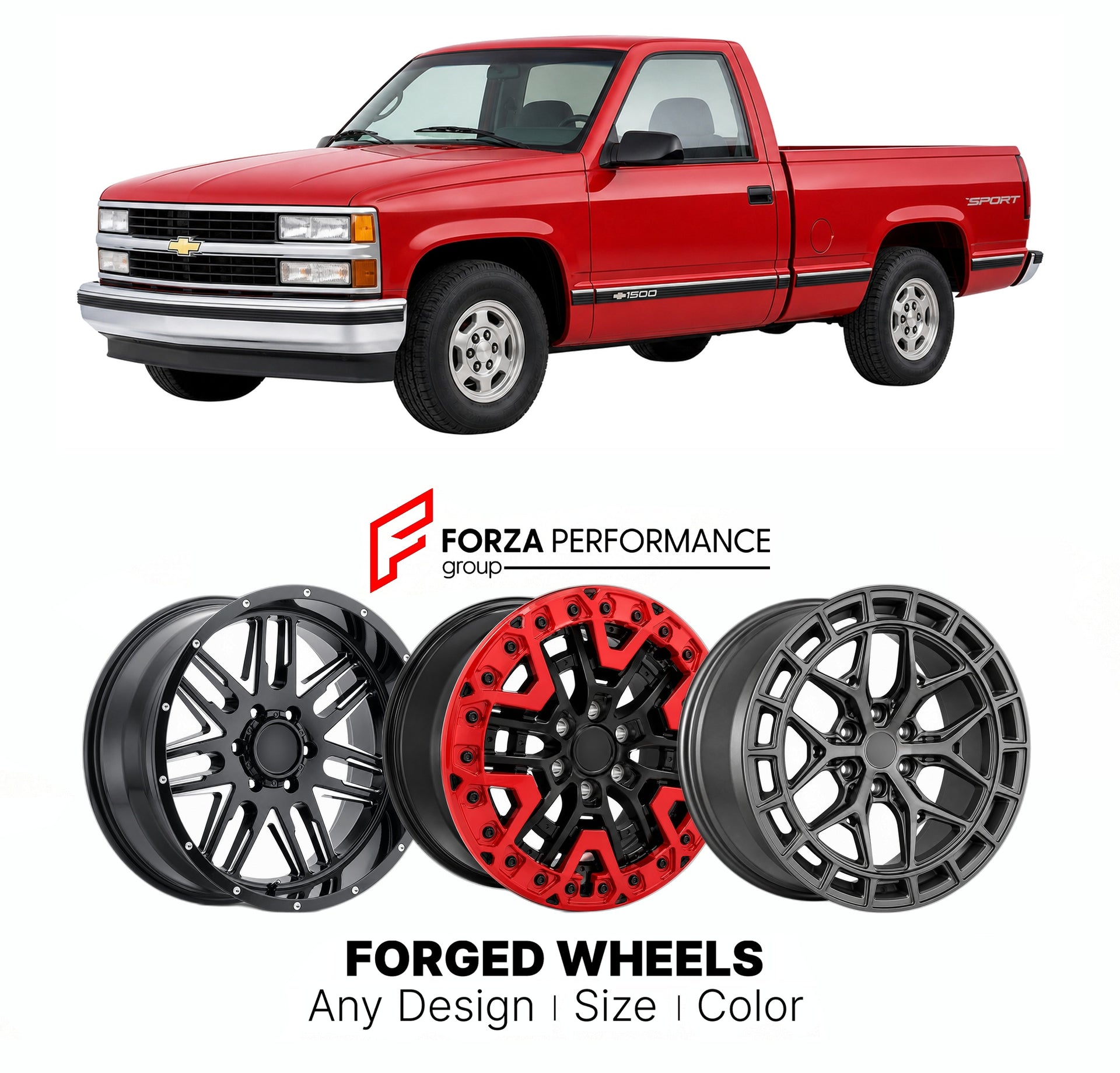FORGED WHEELS RIMS for CHEVROLET SILVERADO 1500 SPORT GMT400 1990 - 1998

Custom forged wheels for Chevrolet Silverado 1500 Sport GMT400 1990 - 1998. Made-to-order monoblock, 2-piece and 3-piece rims in custom sizes, offsets, colors and finishes with guaranteed fitment.

We manufacture premium quality forged wheels rims for Chevrolet Silverado 1500 Sport GMT400 1990 - 1998 in any design, size, color.

THIS WHEEL DESIGN CAN BE CUSTOM-MADE FOR YOUR CAR IN ANY SIZE AND COLOR OPTIONS
Available in monoblock, 2-p