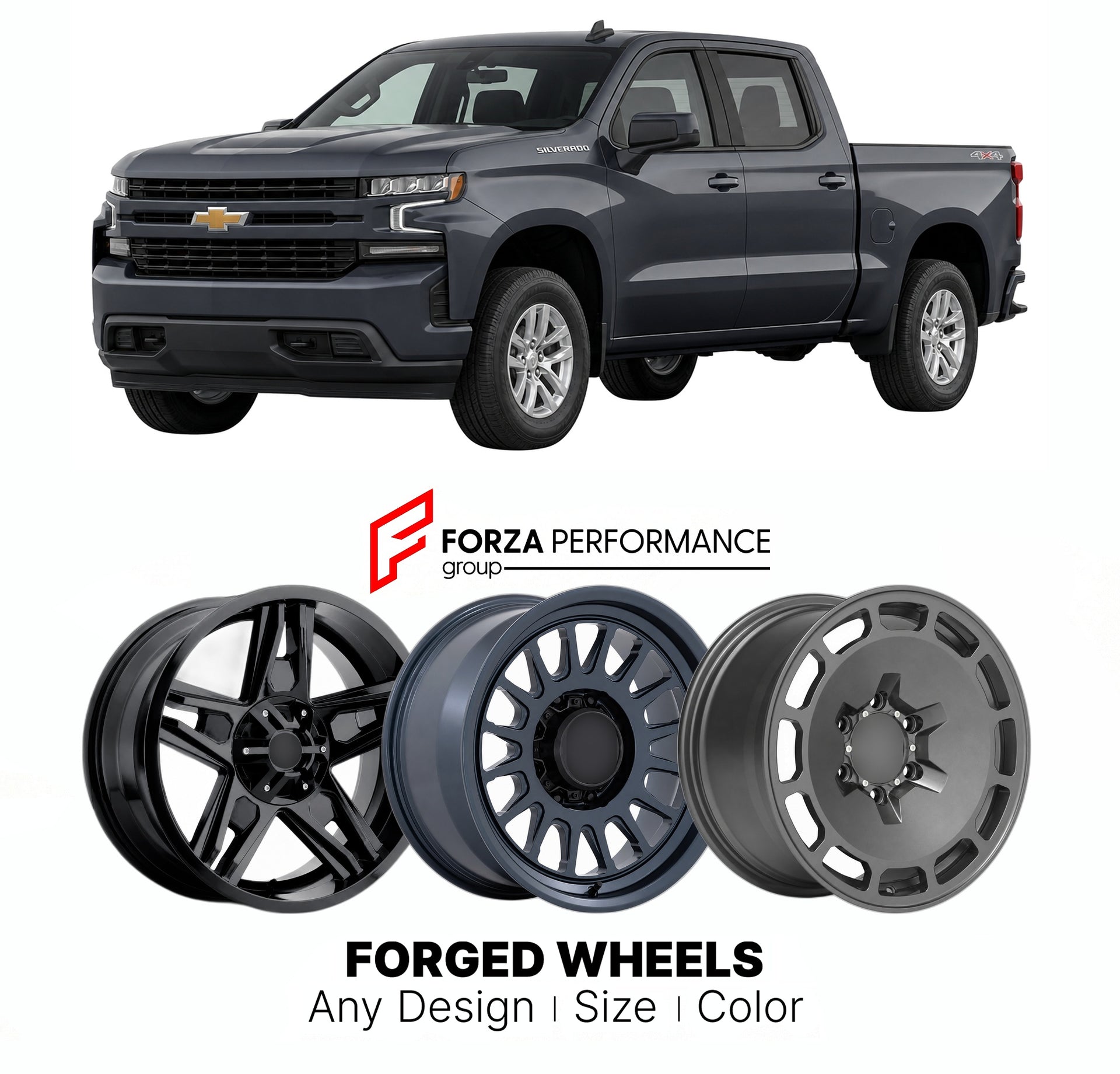FORGED WHEELS RIMS for CHEVROLET SILVERADO 1500 T1XX 2019+

Custom forged wheels for Chevrolet Silverado 1500 T1XX 2019+. Made-to-order monoblock, 2-piece and 3-piece rims in custom sizes, offsets, colors and finishes with guaranteed fitment.

We manufacture premium quality forged wheels rims for Chevrolet Silverado 1500 T1XX 2019+ in any design, size, color.

THIS WHEEL DESIGN CAN BE CUSTOM-MADE FOR YOUR CAR IN ANY SIZE AND COLOR OPTIONS
Available in monoblock, 2-piece, 3-piece, duoblock, beadlock
3D wheel