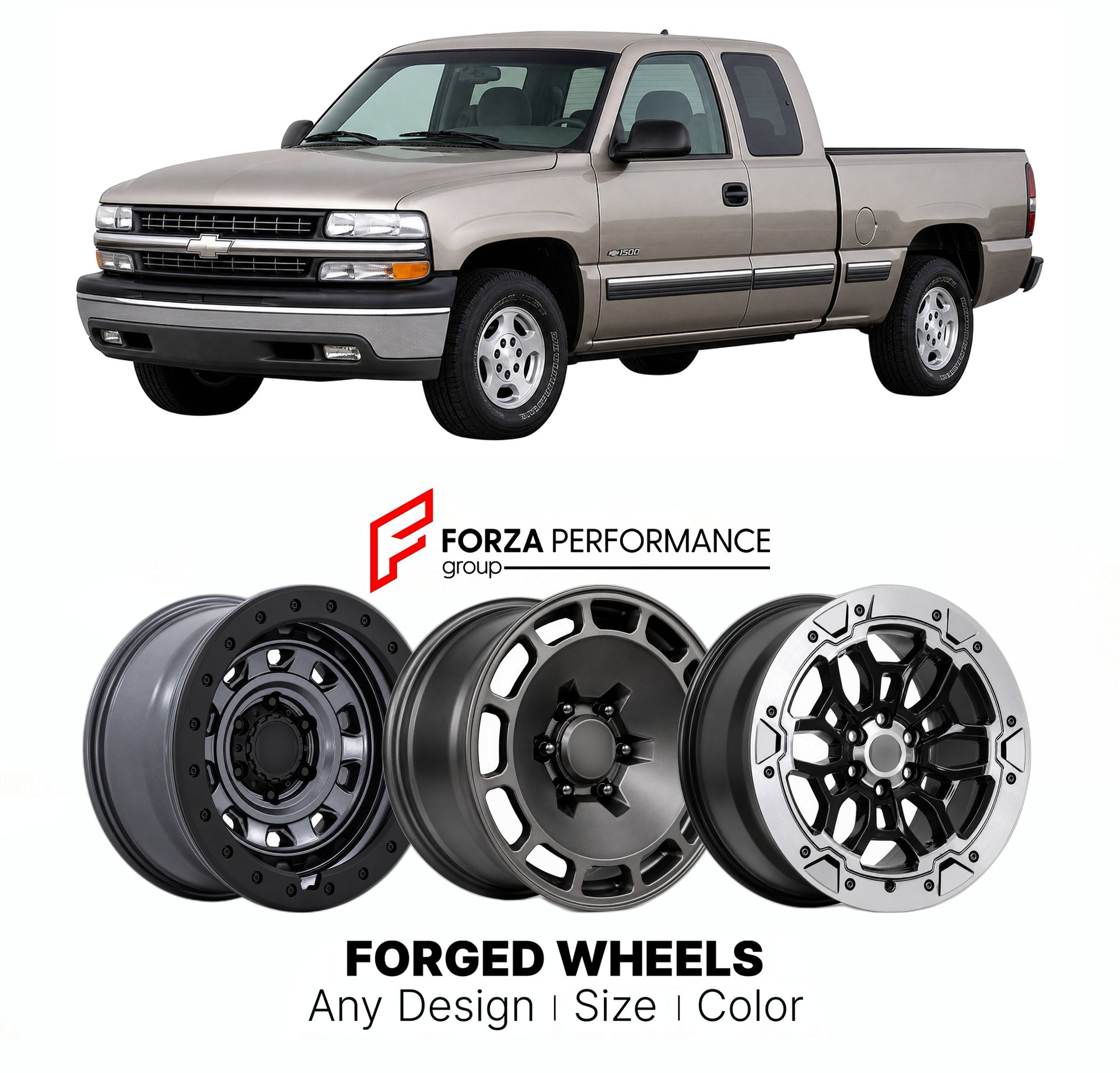 FORGED WHEELS RIMS for CHEVROLET SILVERADO 1500 VORTECMAX GMT800 1999 - 2007

Custom forged wheels for Chevrolet Silverado 1500 VortecMAX GMT800 1999 - 2007. Made-to-order monoblock, 2-piece and 3-piece rims in custom sizes, offsets, colors and finishes with guaranteed fitment.

We manufacture premium quality forged wheels rims for Chevrolet Silverado 1500 VortecMAX GMT800 1999 - 2007 in any design, size, color.

THIS WHEEL DESIGN CAN BE CUSTOM-MADE FOR YOUR CAR IN ANY SIZE AND COLOR OPTIONS
Available in mo