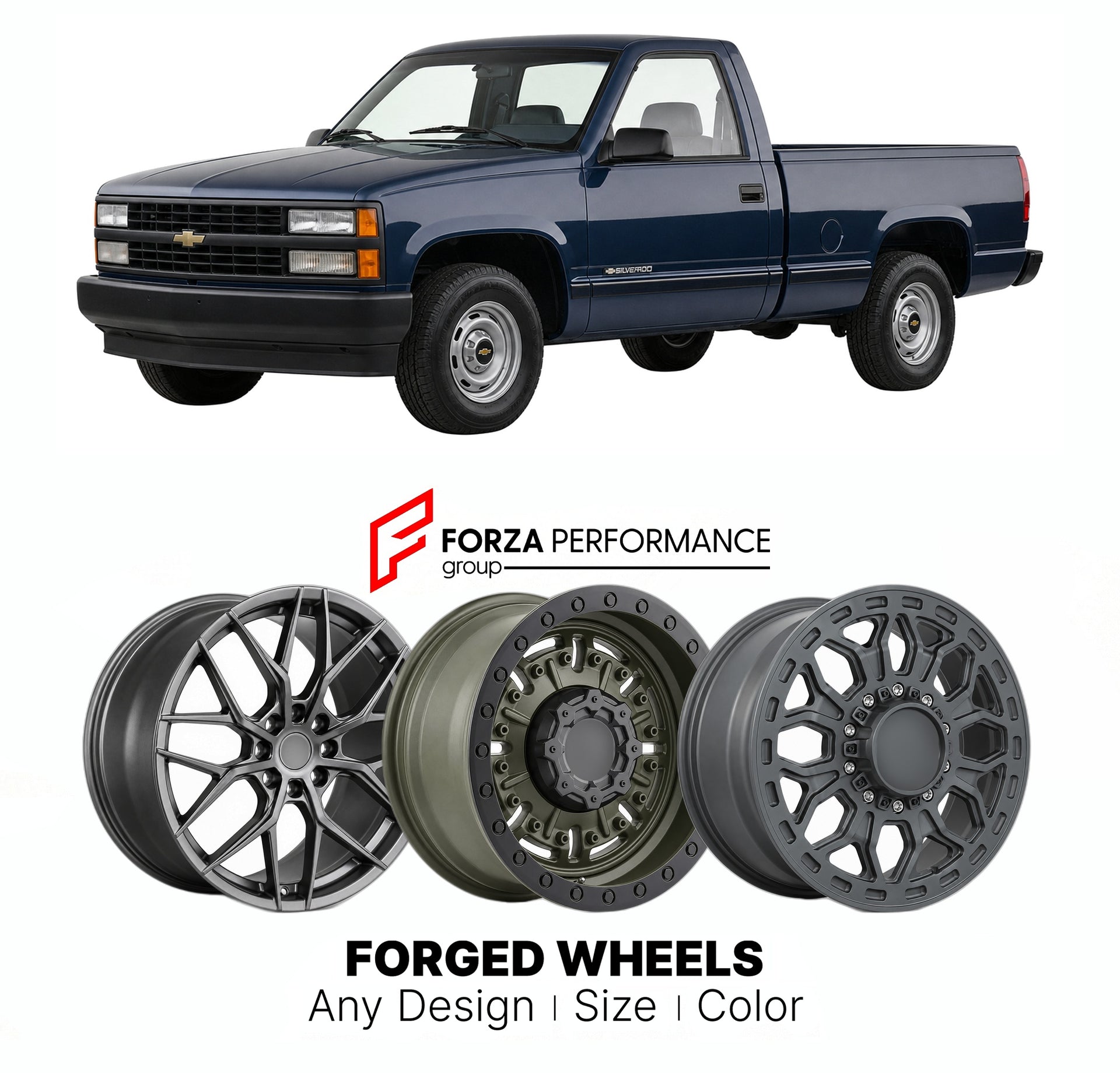 FORGED WHEELS RIMS for CHEVROLET SILVERADO 1500 WORK TRUCK GMT400 1990 - 1998

Custom forged wheels for Chevrolet Silverado 1500 Work Truck GMT400 1990 - 1998. Made-to-order monoblock, 2-piece and 3-piece rims in custom sizes, offsets, colors and finishes with guaranteed fitment.

We manufacture premium quality forged wheels rims for Chevrolet Silverado 1500 Work Truck GMT400 1990 - 1998 in any design, size, color.

THIS WHEEL DESIGN CAN BE CUSTOM-MADE FOR YOUR CAR IN ANY SIZE AND COLOR OPTIONS
Available in