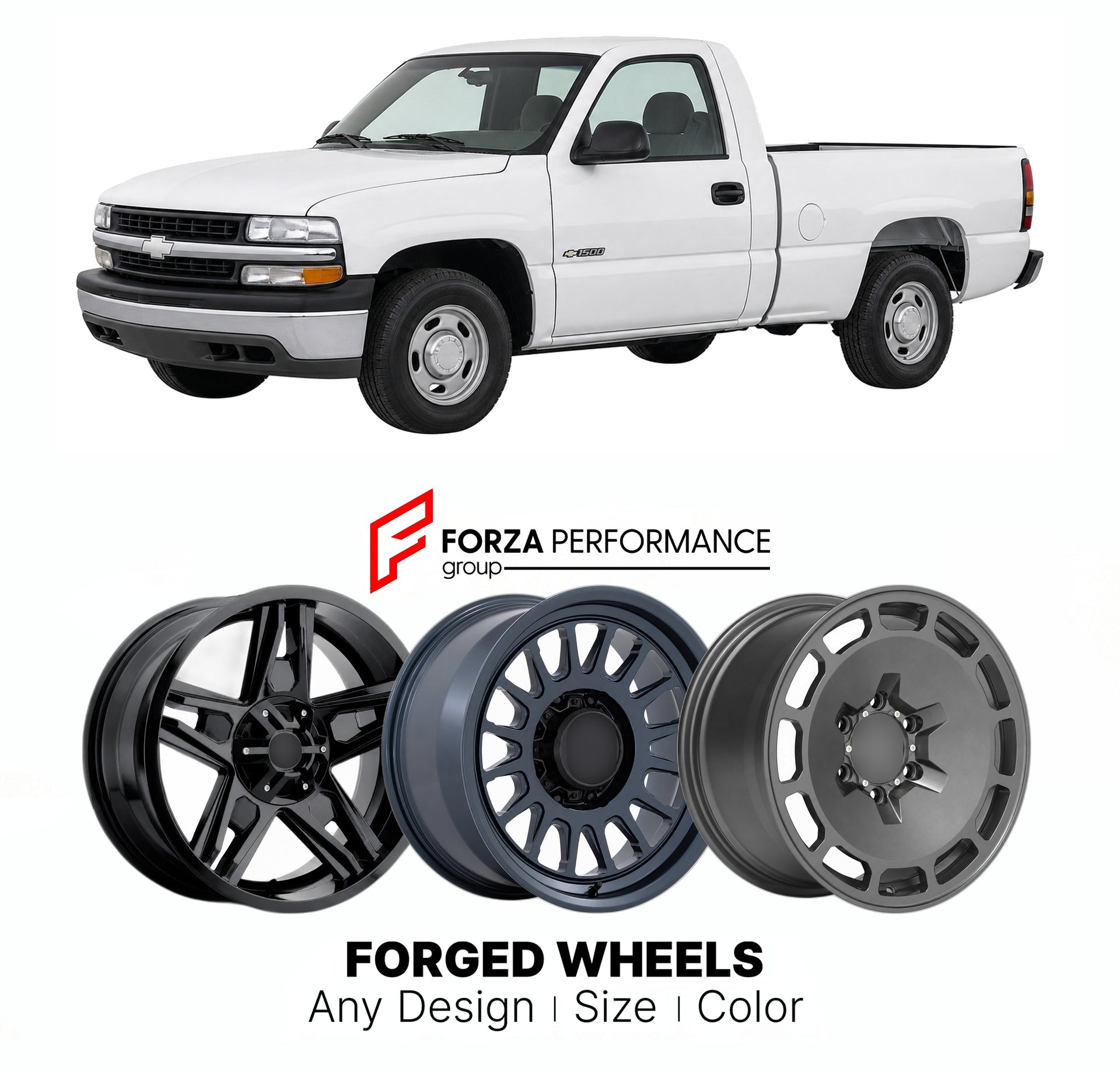 FORGED WHEELS RIMS for CHEVROLET SILVERADO 1500 WORK TRUCK GMT800 1999 - 2007

Custom forged wheels for Chevrolet Silverado 1500 Work Truck GMT800 1999 - 2007. Made-to-order monoblock, 2-piece and 3-piece rims in custom sizes, offsets, colors and finishes with guaranteed fitment.

We manufacture premium quality forged wheels rims for Chevrolet Silverado 1500 Work Truck GMT800 1999 - 2007 in any design, size, color.

THIS WHEEL DESIGN CAN BE CUSTOM-MADE FOR YOUR CAR IN ANY SIZE AND COLOR OPTIONS
Available in
