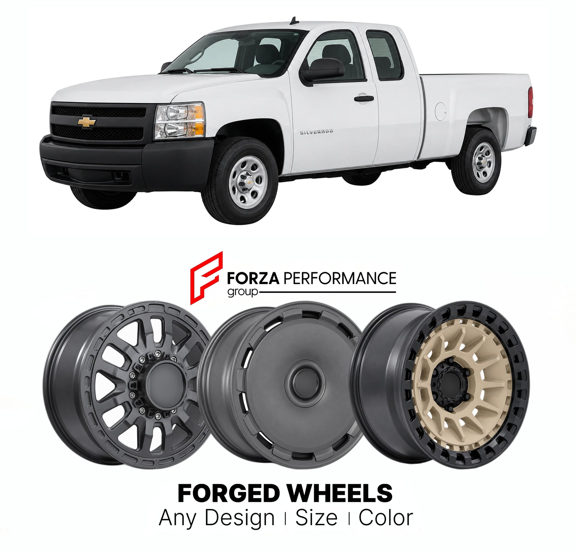 FORGED WHEELS RIMS for CHEVROLET SILVERADO 1500 WORK TRUCK GMT900 2007 - 2013

Custom forged wheels for Chevrolet Silverado 1500 Work Truck GMT900 2007 - 2013. Made-to-order monoblock, 2-piece and 3-piece rims in custom sizes, offsets, colors and finishes with guaranteed fitment.

We manufacture premium quality forged wheels rims for Chevrolet Silverado 1500 Work Truck GMT900 2007 - 2013 in any design, size, color.

THIS WHEEL DESIGN CAN BE CUSTOM-MADE FOR YOUR CAR IN ANY SIZE AND COLOR OPTIONS
Available in