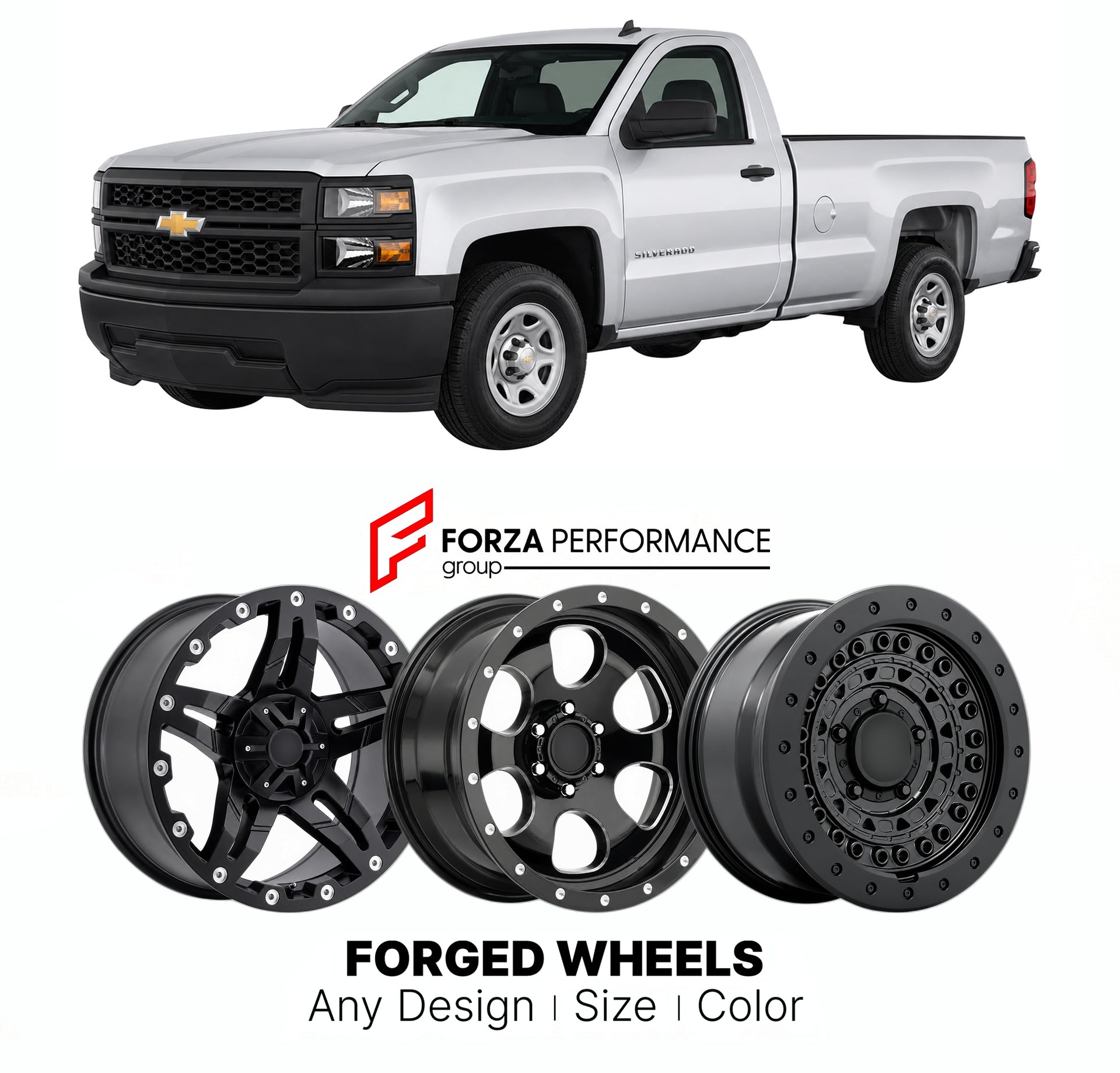 FORGED WHEELS RIMS for CHEVROLET SILVERADO 1500 WORK TRUCK K2XX 2014 - 2018

Custom forged wheels for Chevrolet Silverado 1500 Work Truck K2XX 2014 - 2018. Made-to-order monoblock, 2-piece and 3-piece rims in custom sizes, offsets, colors and finishes with guaranteed fitment.

We manufacture premium quality forged wheels rims for Chevrolet Silverado 1500 Work Truck K2XX 2014 - 2018 in any design, size, color.

THIS WHEEL DESIGN CAN BE CUSTOM-MADE FOR YOUR CAR IN ANY SIZE AND COLOR OPTIONS
Available in monob