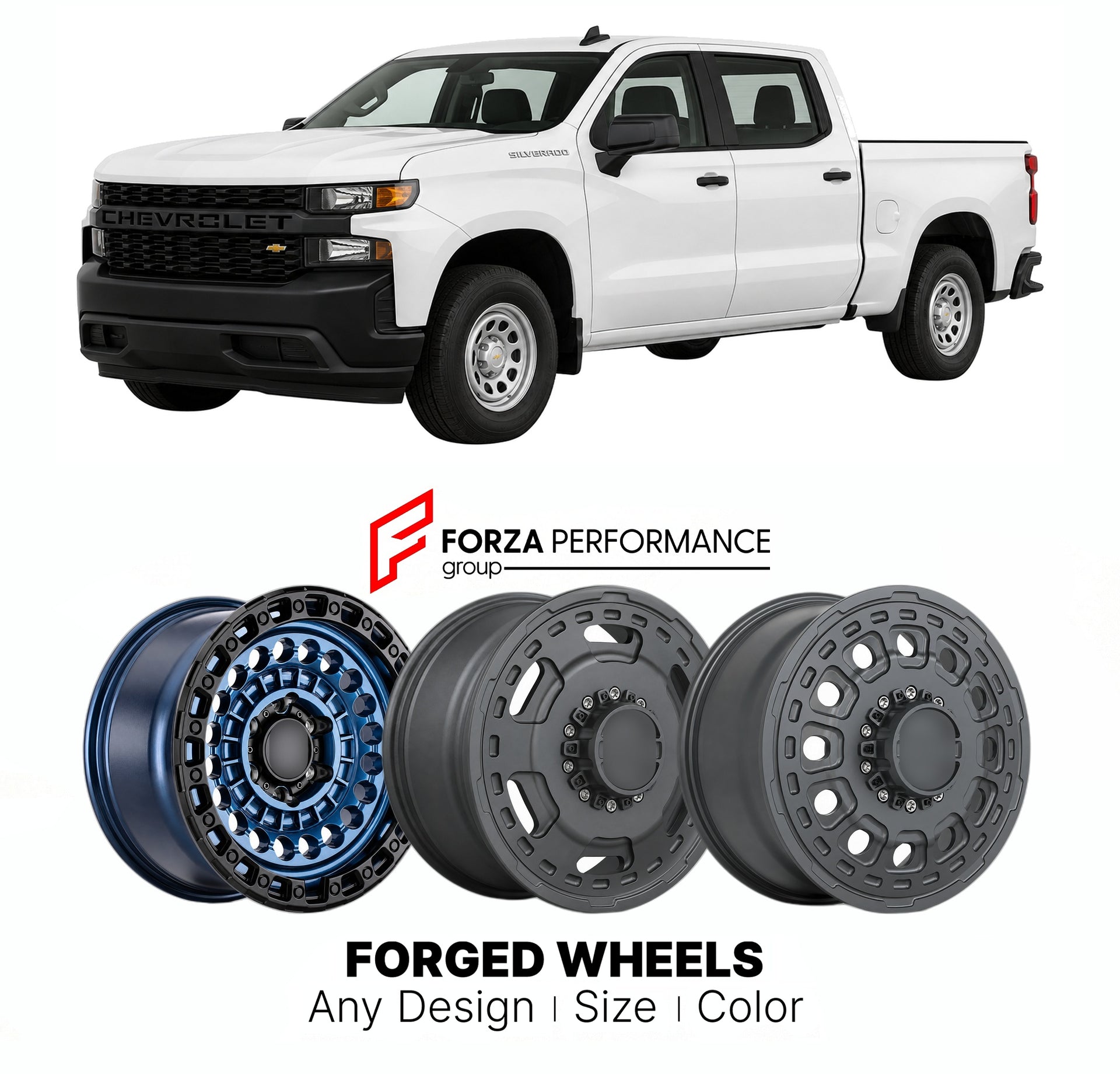 FORGED WHEELS RIMS for CHEVROLET SILVERADO 1500 WORK TRUCK T1XX 2019 - 2026

Custom forged wheels for Chevrolet Silverado 1500 Work Truck T1XX 2019 - 2026. Made-to-order monoblock, 2-piece and 3-piece rims in custom sizes, offsets, colors and finishes with guaranteed fitment.

We manufacture premium quality forged wheels rims for Chevrolet Silverado 1500 Work Truck T1XX 2019 - 2026 in any design, size, color.

THIS WHEEL DESIGN CAN BE CUSTOM-MADE FOR YOUR CAR IN ANY SIZE AND COLOR OPTIONS
Available in monob