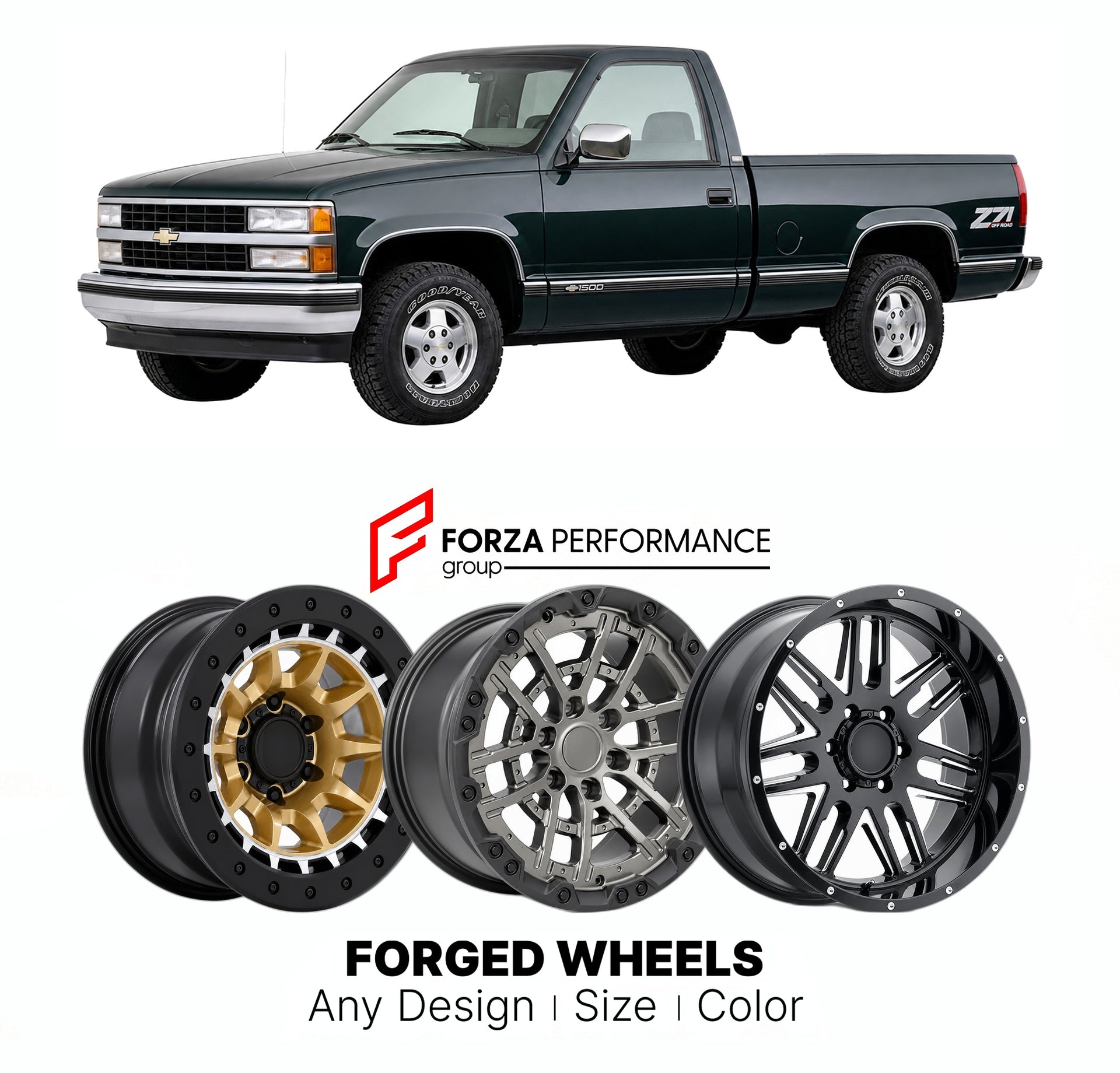 FORGED WHEELS RIMS for CHEVROLET SILVERADO 1500 Z71 GMT400 1990 - 1998

Custom forged wheels for Chevrolet Silverado 1500 Z71 GMT400 1990 - 1998. Made-to-order monoblock, 2-piece and 3-piece rims in custom sizes, offsets, colors and finishes with guaranteed fitment.

We manufacture premium quality forged wheels rims for Chevrolet Silverado 1500 Z71 GMT400 1990 - 1998 in any design, size, color.

THIS WHEEL DESIGN CAN BE CUSTOM-MADE FOR YOUR CAR IN ANY SIZE AND COLOR OPTIONS
Available in monoblock, 2-piece, 