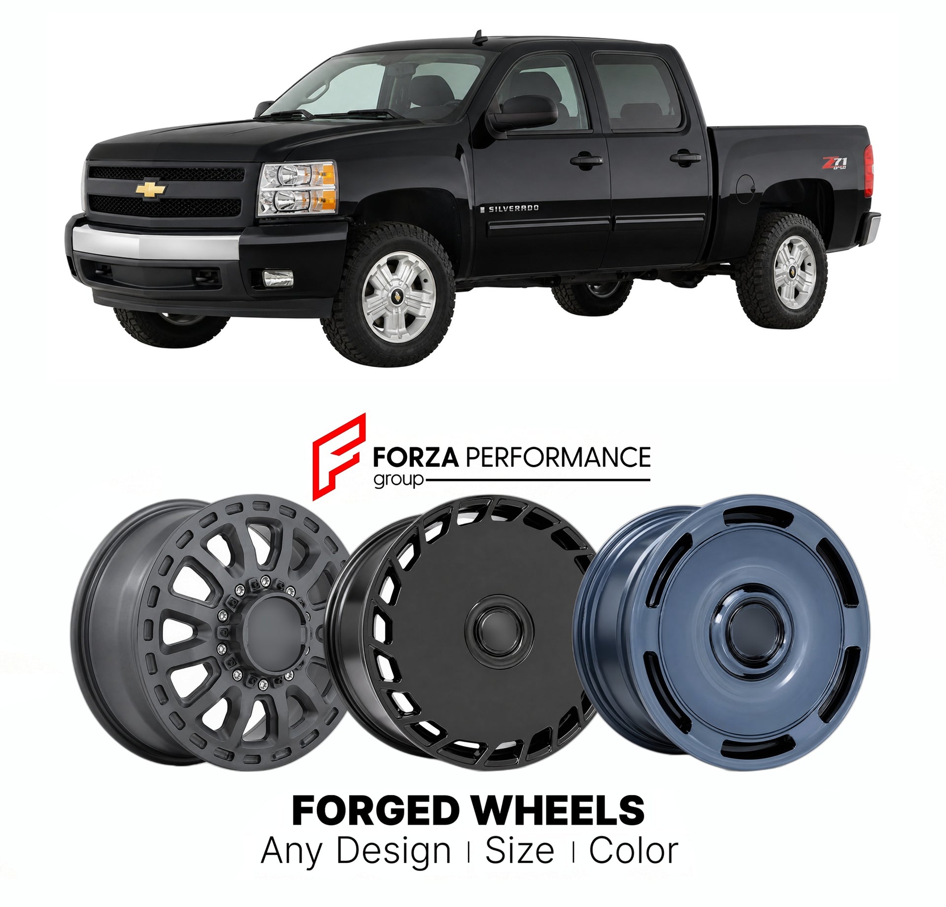 FORGED WHEELS RIMS for CHEVROLET SILVERADO 1500 Z71 GMT900 2007 - 2013

Custom forged wheels for Chevrolet Silverado 1500 Z71 GMT900 2007 - 2013. Made-to-order monoblock, 2-piece and 3-piece rims in custom sizes, offsets, colors and finishes with guaranteed fitment.

We manufacture premium quality forged wheels rims for Chevrolet Silverado 1500 Z71 GMT900 2007 - 2013 in any design, size, color.

THIS WHEEL DESIGN CAN BE CUSTOM-MADE FOR YOUR CAR IN ANY SIZE AND COLOR OPTIONS
Available in monoblock, 2-piece, 