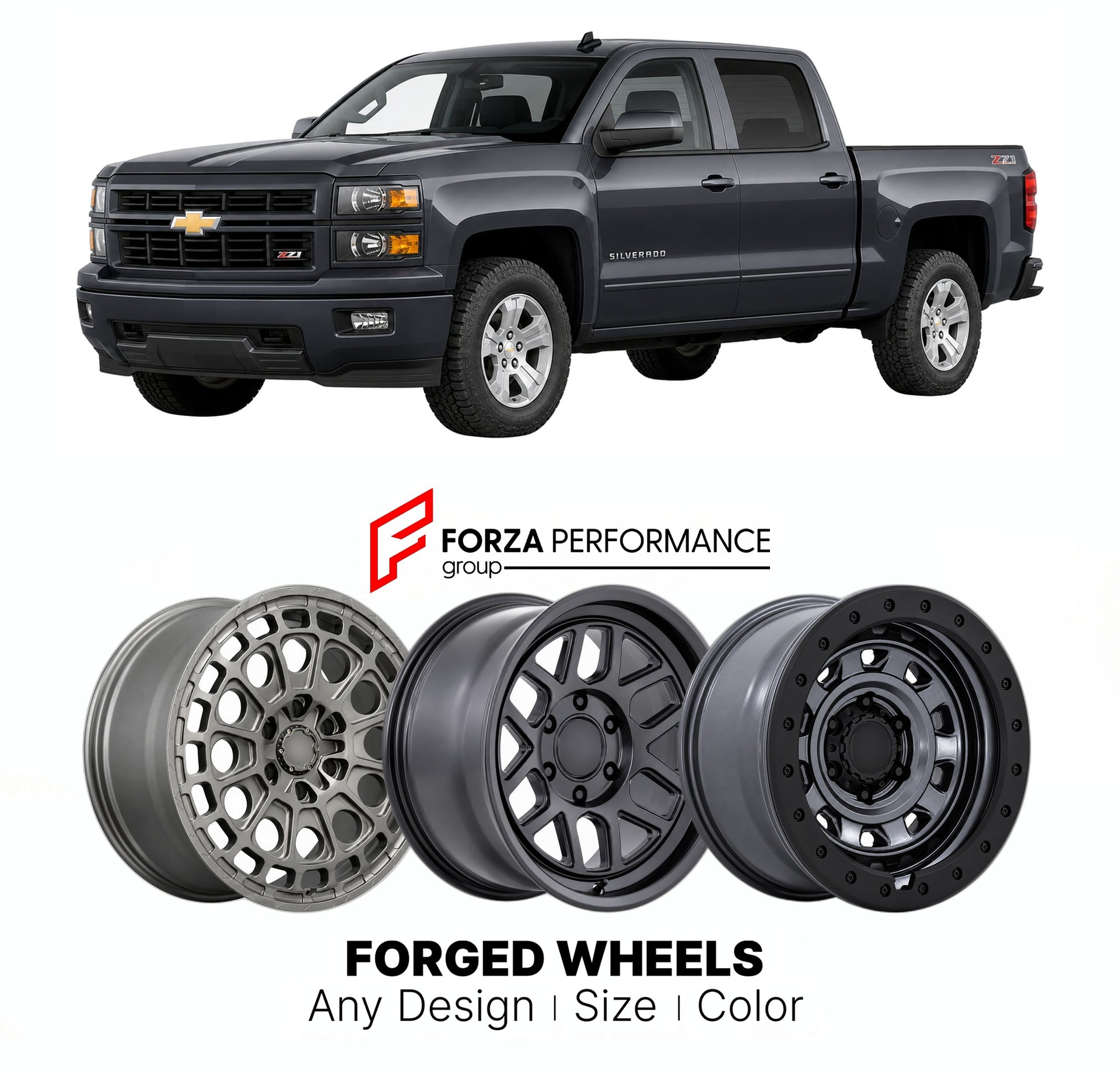 FORGED WHEELS RIMS for CHEVROLET SILVERADO 1500 Z71 K2XX 2014 - 2018

Custom forged wheels for Chevrolet Silverado 1500 Z71 K2XX 2014 - 2018. Made-to-order monoblock, 2-piece and 3-piece rims in custom sizes, offsets, colors and finishes with guaranteed fitment.

We manufacture premium quality forged wheels rims for Chevrolet Silverado 1500 Z71 K2XX 2014 - 2018 in any design, size, color.

THIS WHEEL DESIGN CAN BE CUSTOM-MADE FOR YOUR CAR IN ANY SIZE AND COLOR OPTIONS
Available in monoblock, 2-piece, 3-piec