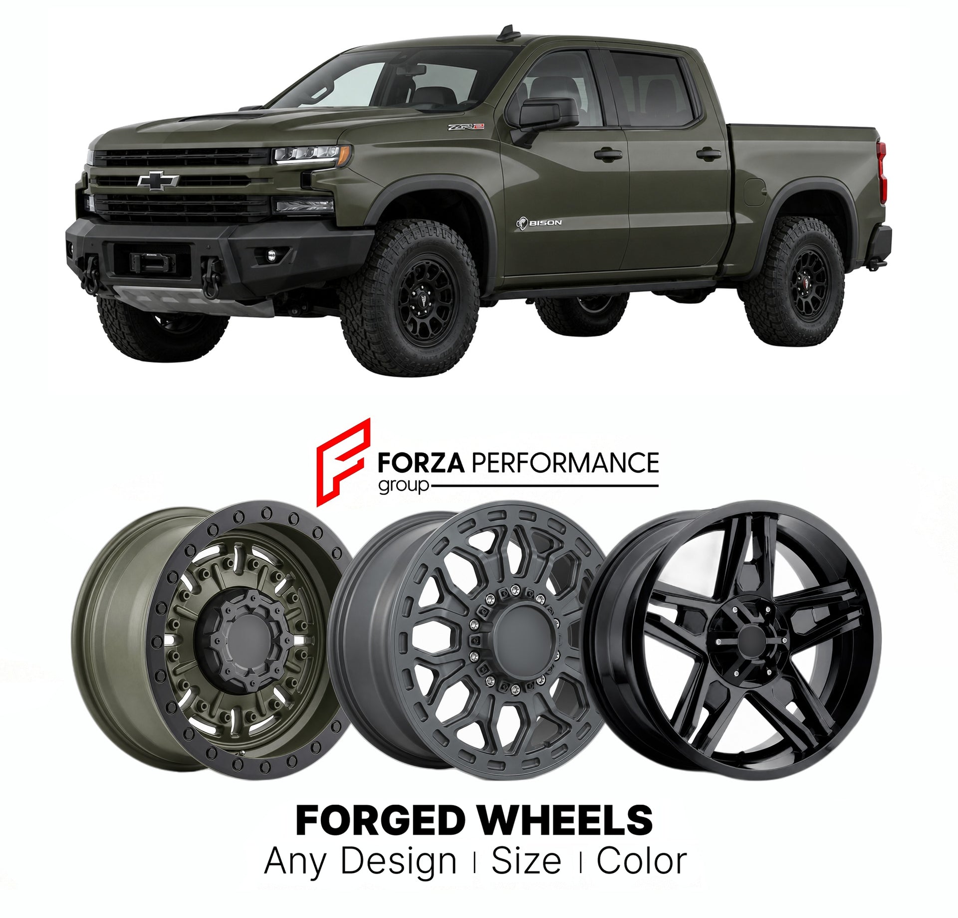 FORGED WHEELS RIMS for CHEVROLET SILVERADO 1500 ZR2 BISON T1XX 2019 - 2026

Custom forged wheels for Chevrolet Silverado 1500 ZR2 Bison T1XX 2019 - 2026. Made-to-order monoblock, 2-piece and 3-piece rims in custom sizes, offsets, colors and finishes with guaranteed fitment.

We manufacture premium quality forged wheels rims for Chevrolet Silverado 1500 ZR2 Bison T1XX 2019 - 2026 in any design, size, color.

THIS WHEEL DESIGN CAN BE CUSTOM-MADE FOR YOUR CAR IN ANY SIZE AND COLOR OPTIONS
Available in monobloc