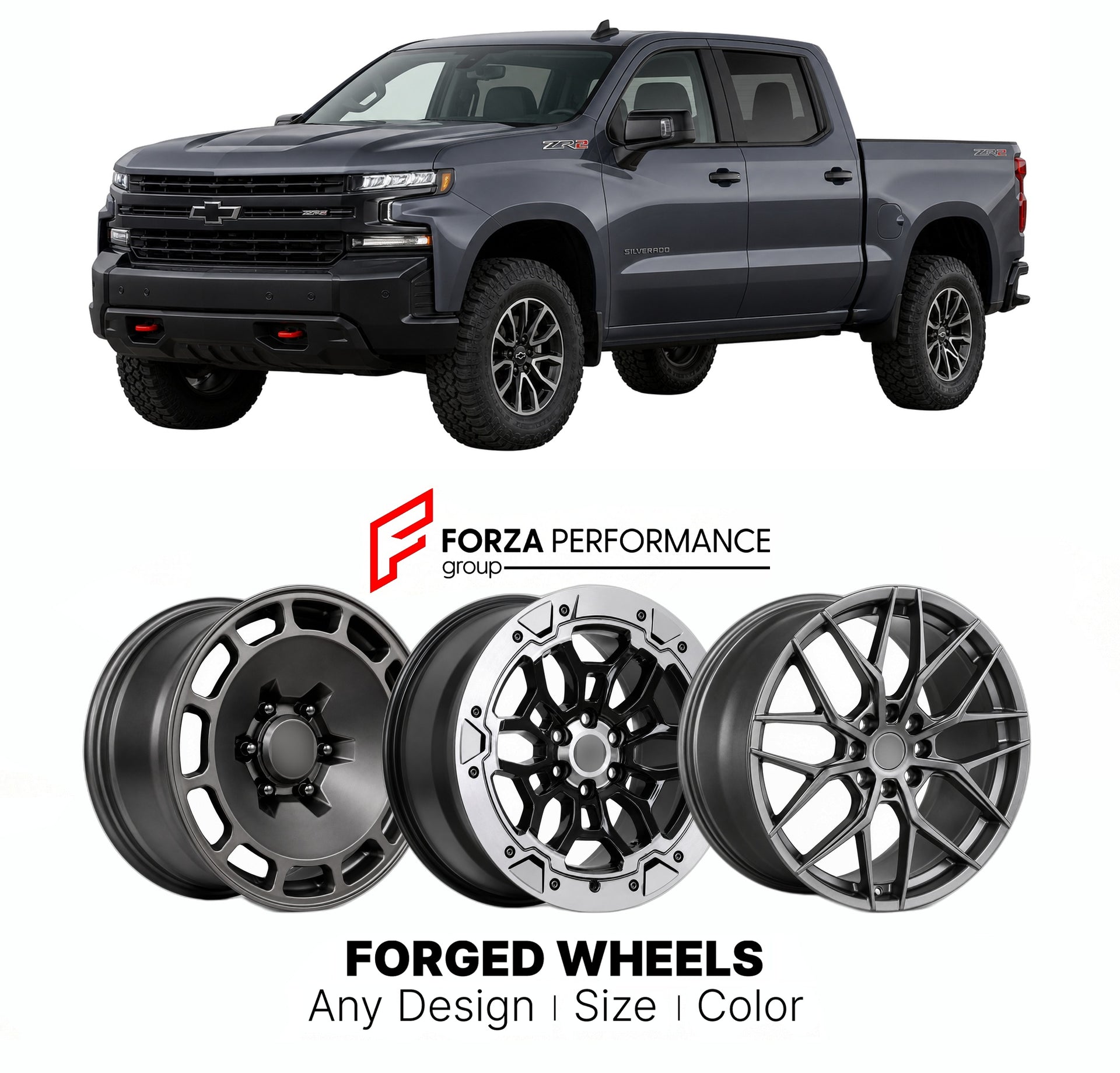 FORGED WHEELS RIMS for CHEVROLET SILVERADO 1500 ZR2 T1XX 2019 - 2026

Custom forged wheels for Chevrolet Silverado 1500 ZR2 T1XX 2019 - 2026. Made-to-order monoblock, 2-piece and 3-piece rims in custom sizes, offsets, colors and finishes with guaranteed fitment.

We manufacture premium quality forged wheels rims for Chevrolet Silverado 1500 ZR2 T1XX 2019 - 2026 in any design, size, color.

THIS WHEEL DESIGN CAN BE CUSTOM-MADE FOR YOUR CAR IN ANY SIZE AND COLOR OPTIONS
Available in monoblock, 2-piece, 3-piec