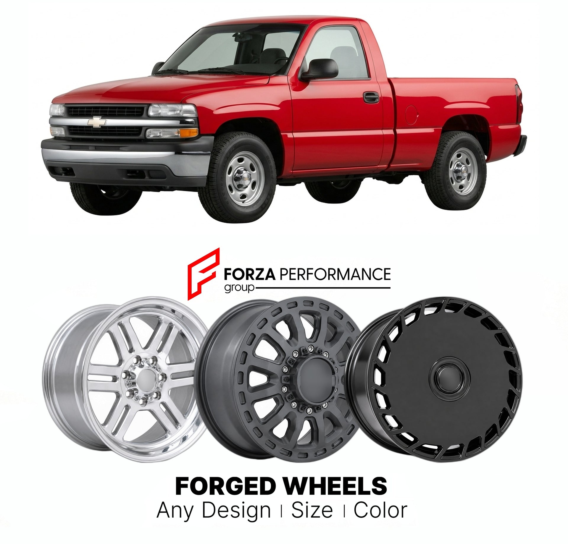 FORGED WHEELS RIMS for CHEVROLET SILVERADO 1999 - 2024

Custom forged wheels for Chevrolet Silverado 1999 - 2024. Made-to-order monoblock, 2-piece and 3-piece rims in custom sizes, offsets, colors and finishes with guaranteed fitment.

We manufacture premium quality forged wheels rims for Chevrolet Silverado 1999 - 2024 in any design, size, color.

THIS WHEEL DESIGN CAN BE CUSTOM-MADE FOR YOUR CAR IN ANY SIZE AND COLOR OPTIONS
Available in monoblock, 2-piece, 3-piece, duoblock, beadlock
3D wheel renderings 