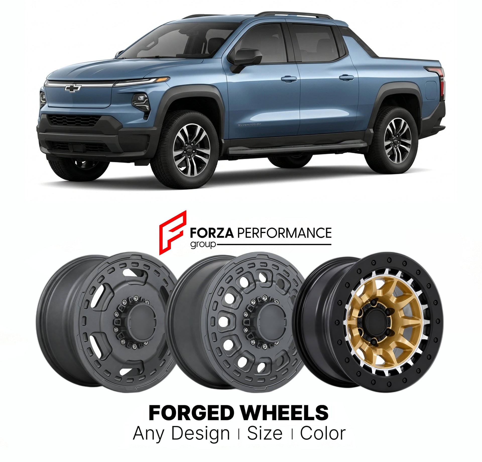 FORGED WHEELS RIMS for CHEVROLET SILVERADO EV 2024+

Custom forged wheels for Chevrolet Silverado EV 2024+. Made-to-order monoblock, 2-piece and 3-piece rims in custom sizes, offsets, colors and finishes with guaranteed fitment.

We manufacture premium quality forged wheels rims for Chevrolet Silverado EV 2024+ in any design, size, color.

THIS WHEEL DESIGN CAN BE CUSTOM-MADE FOR YOUR CAR IN ANY SIZE AND COLOR OPTIONS
Available in monoblock, 2-piece, 3-piece, duoblock, beadlock
3D wheel renderings are provi