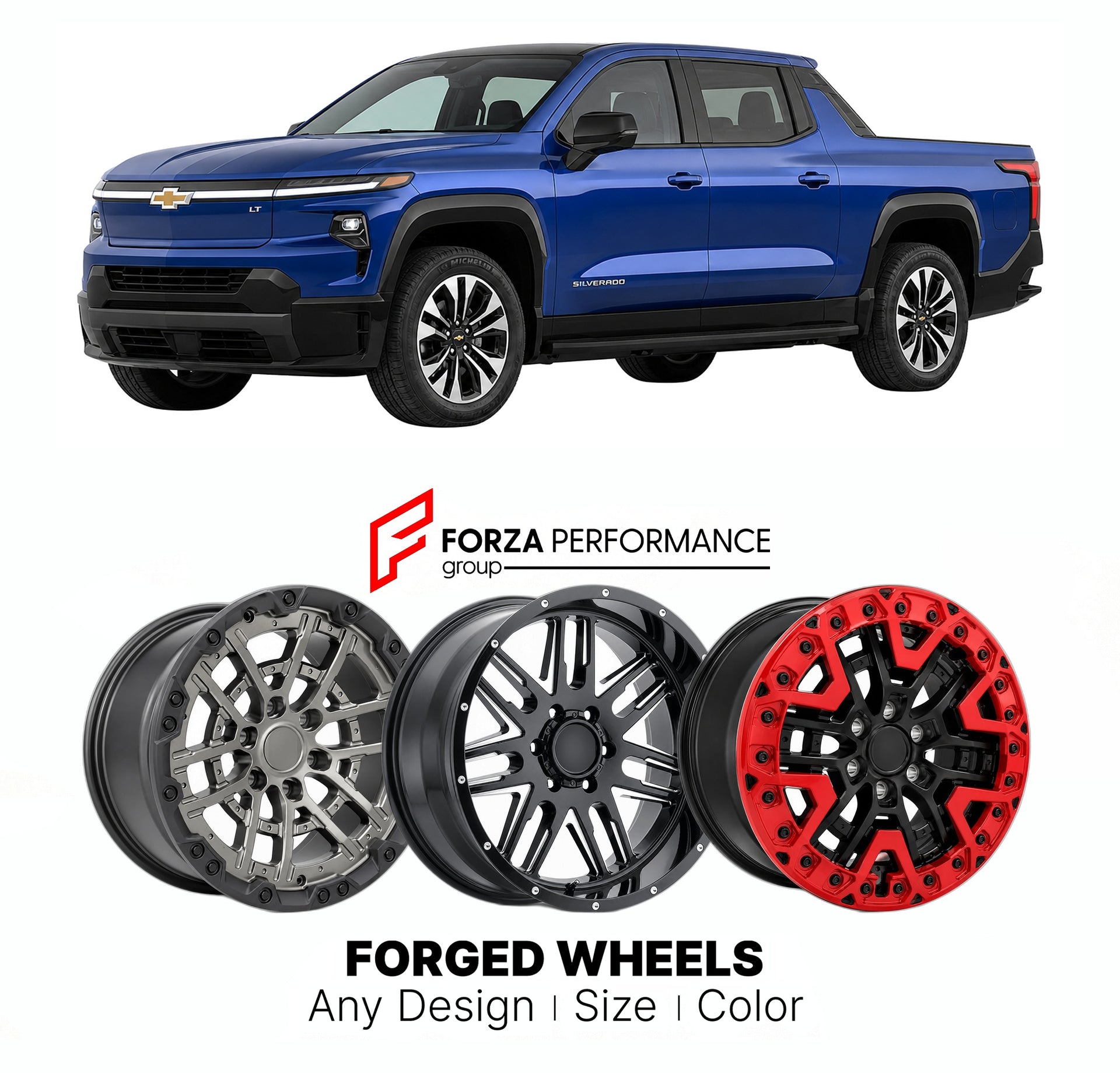 FORGED WHEELS RIMS for CHEVROLET SILVERADO EV LT 2024+

Custom forged wheels for Chevrolet Silverado EV LT 2024+. Made-to-order monoblock, 2-piece and 3-piece rims in custom sizes, offsets, colors and finishes with guaranteed fitment.

We manufacture premium quality forged wheels rims for Chevrolet Silverado EV LT 2024+ in any design, size, color.

THIS WHEEL DESIGN CAN BE CUSTOM-MADE FOR YOUR CAR IN ANY SIZE AND COLOR OPTIONS
Available in monoblock, 2-piece, 3-piece, duoblock, beadlock
3D wheel renderings 