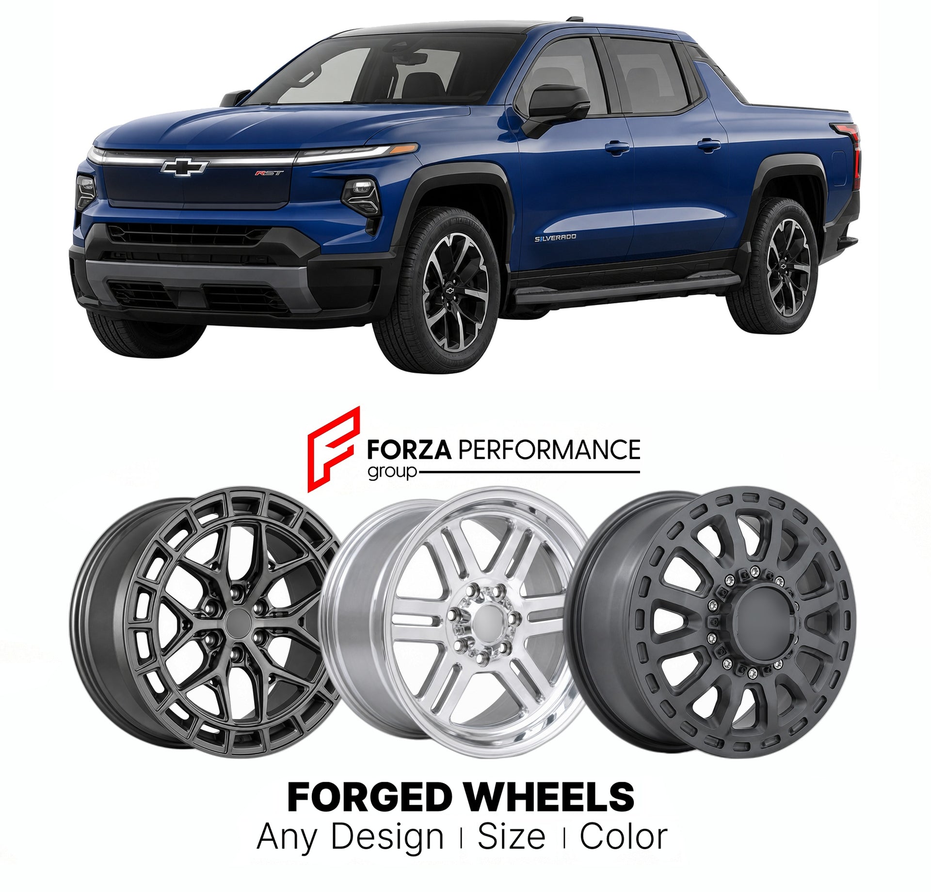 FORGED WHEELS RIMS for CHEVROLET SILVERADO EV RST 2024+

Custom forged wheels for Chevrolet Silverado EV RST 2024+. Made-to-order monoblock, 2-piece and 3-piece rims in custom sizes, offsets, colors and finishes with guaranteed fitment.

We manufacture premium quality forged wheels rims for Chevrolet Silverado EV RST 2024+ in any design, size, color.

THIS WHEEL DESIGN CAN BE CUSTOM-MADE FOR YOUR CAR IN ANY SIZE AND COLOR OPTIONS
Available in monoblock, 2-piece, 3-piece, duoblock, beadlock
3D wheel renderin