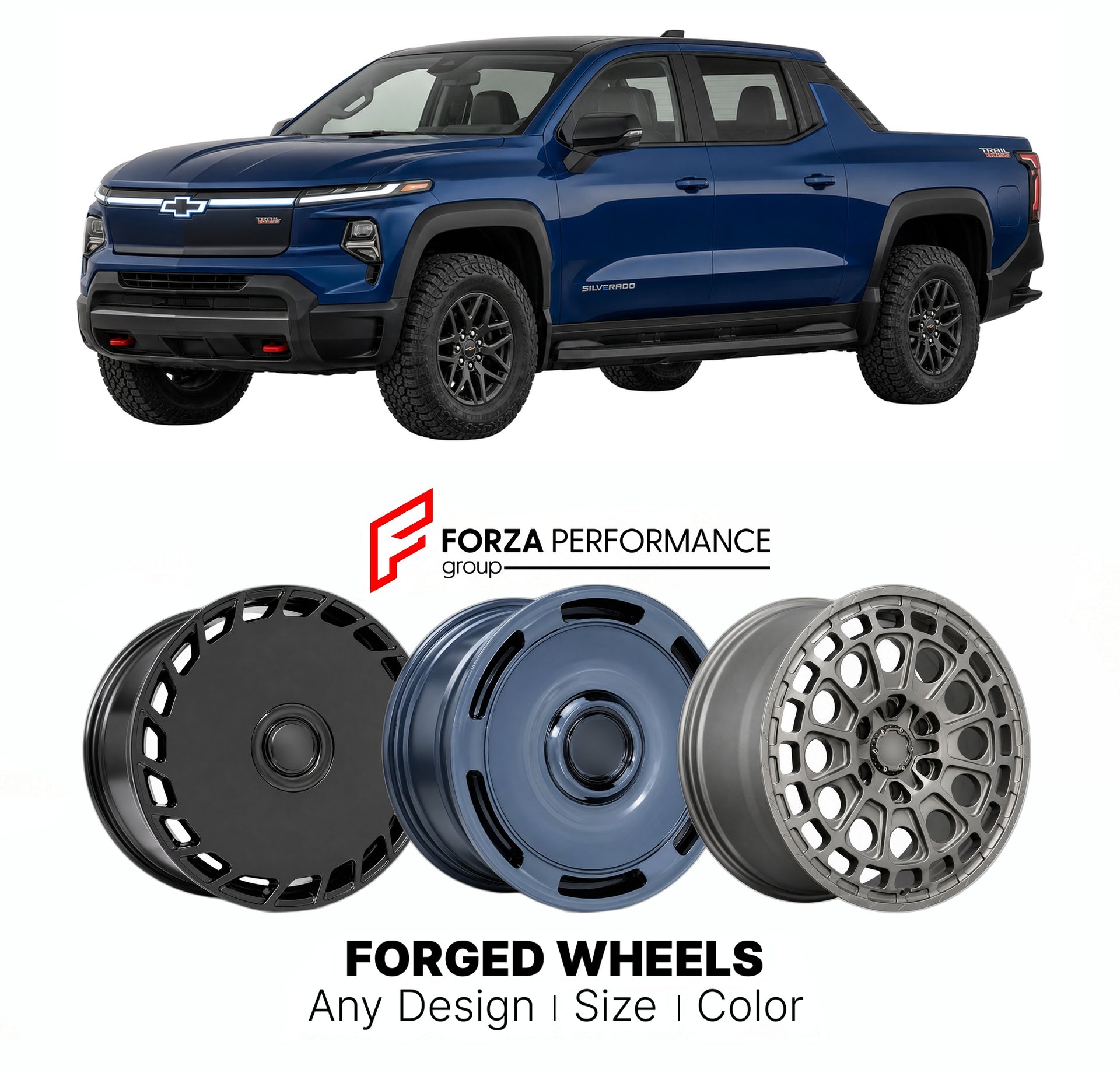 FORGED WHEELS RIMS for CHEVROLET SILVERADO EV TRAIL BOSS 2024+

Custom forged wheels for Chevrolet Silverado EV Trail Boss 2024+. Made-to-order monoblock, 2-piece and 3-piece rims in custom sizes, offsets, colors and finishes with guaranteed fitment.

We manufacture premium quality forged wheels rims for Chevrolet Silverado EV Trail Boss 2024+ in any design, size, color.

THIS WHEEL DESIGN CAN BE CUSTOM-MADE FOR YOUR CAR IN ANY SIZE AND COLOR OPTIONS
Available in monoblock, 2-piece, 3-piece, duoblock, beadl