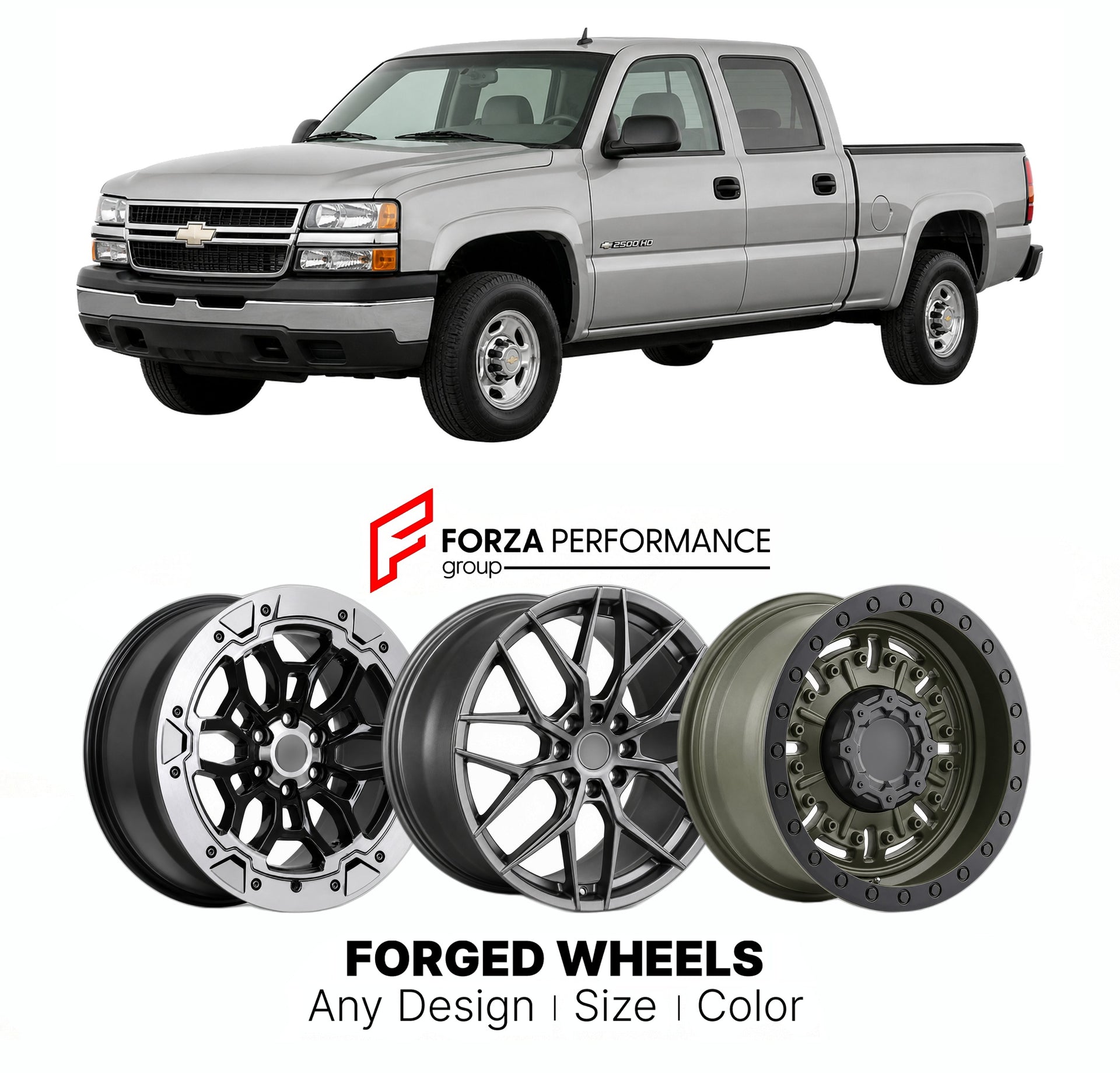 FORGED WHEELS RIMS for CHEVROLET SILVERADO HD 2001 - 2007

Custom forged wheels for Chevrolet Silverado HD 2001 - 2007. Made-to-order monoblock, 2-piece and 3-piece rims in custom sizes, offsets, colors and finishes with guaranteed fitment.

We manufacture premium quality forged wheels rims for Chevrolet Silverado HD 2001 - 2007 in any design, size, color.

THIS WHEEL DESIGN CAN BE CUSTOM-MADE FOR YOUR CAR IN ANY SIZE AND COLOR OPTIONS
Available in monoblock, 2-piece, 3-piece, duoblock, beadlock
3D wheel re