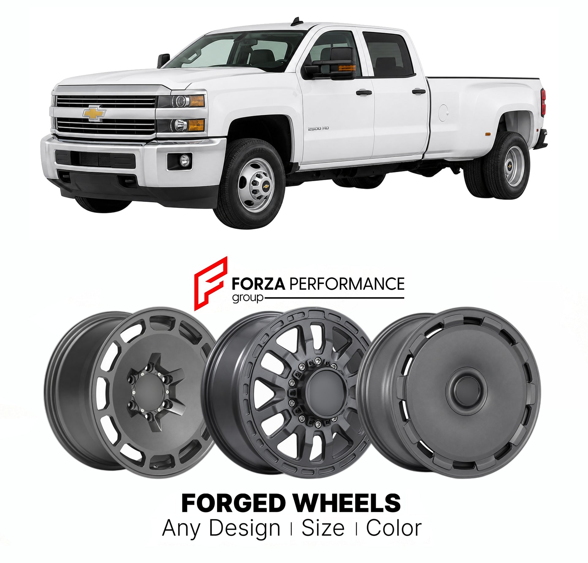 FORGED WHEELS RIMS for CHEVROLET SILVERADO HD 2015 - 2019

Custom forged wheels for Chevrolet Silverado HD 2015 - 2019. Made-to-order monoblock, 2-piece and 3-piece rims in custom sizes, offsets, colors and finishes with guaranteed fitment.

We manufacture premium quality forged wheels rims for Chevrolet Silverado HD 2015 - 2019 in any design, size, color.

THIS WHEEL DESIGN CAN BE CUSTOM-MADE FOR YOUR CAR IN ANY SIZE AND COLOR OPTIONS
Available in monoblock, 2-piece, 3-piece, duoblock, beadlock
3D wheel re