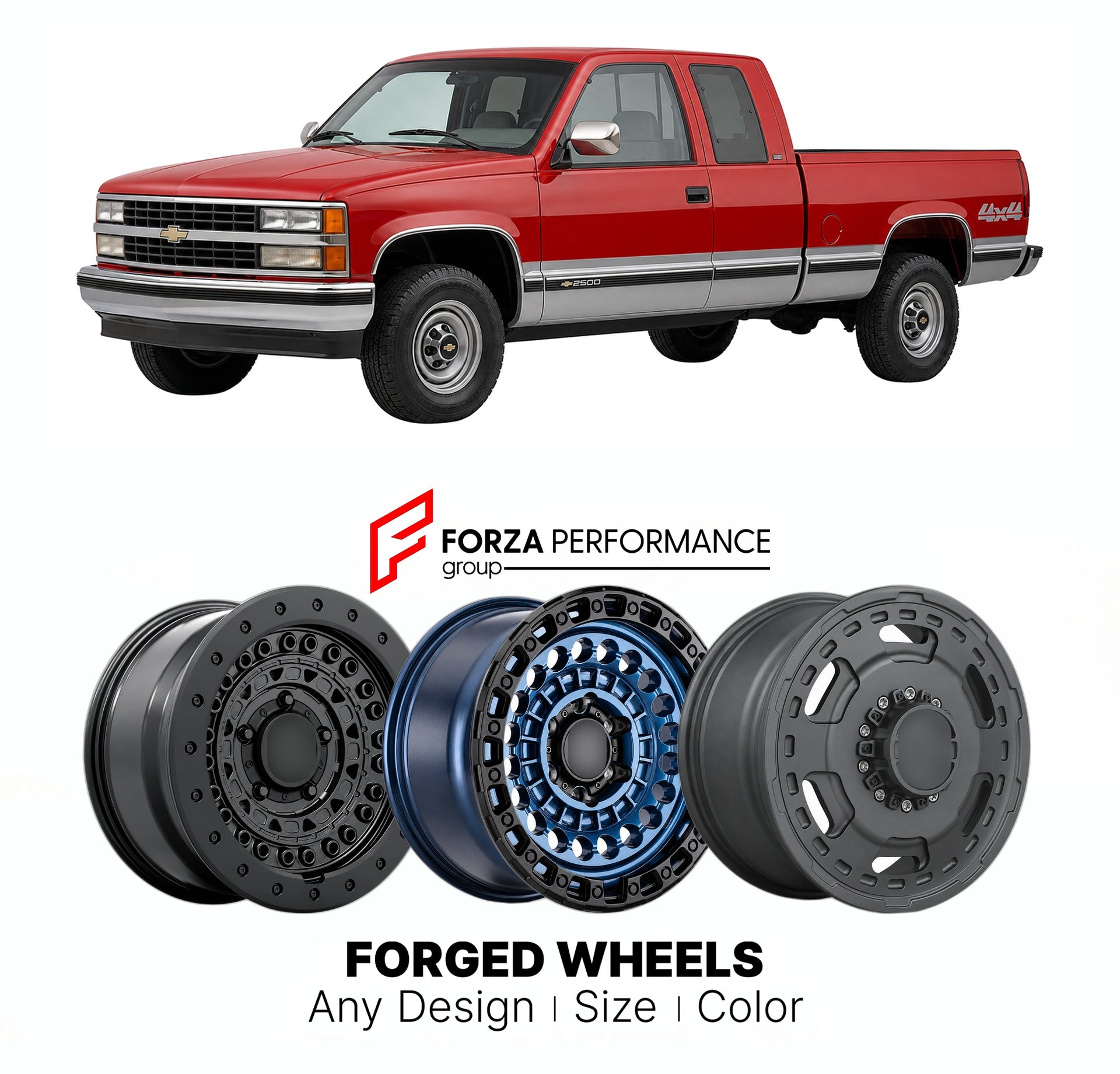 FORGED WHEELS RIMS for CHEVROLET SILVERADO HD 2500HD GMT400 GMT800 1990 - 2007

Custom forged wheels for Chevrolet Silverado HD 2500HD GMT400 GMT800 1990 - 2007. Made-to-order monoblock, 2-piece and 3-piece rims in custom sizes, offsets, colors and finishes with guaranteed fitment.

We manufacture premium quality forged wheels rims for Chevrolet Silverado HD 2500HD GMT400 GMT800 1990 - 2007 in any design, size, color.

THIS WHEEL DESIGN CAN BE CUSTOM-MADE FOR YOUR CAR IN ANY SIZE AND COLOR OPTIONS
Available