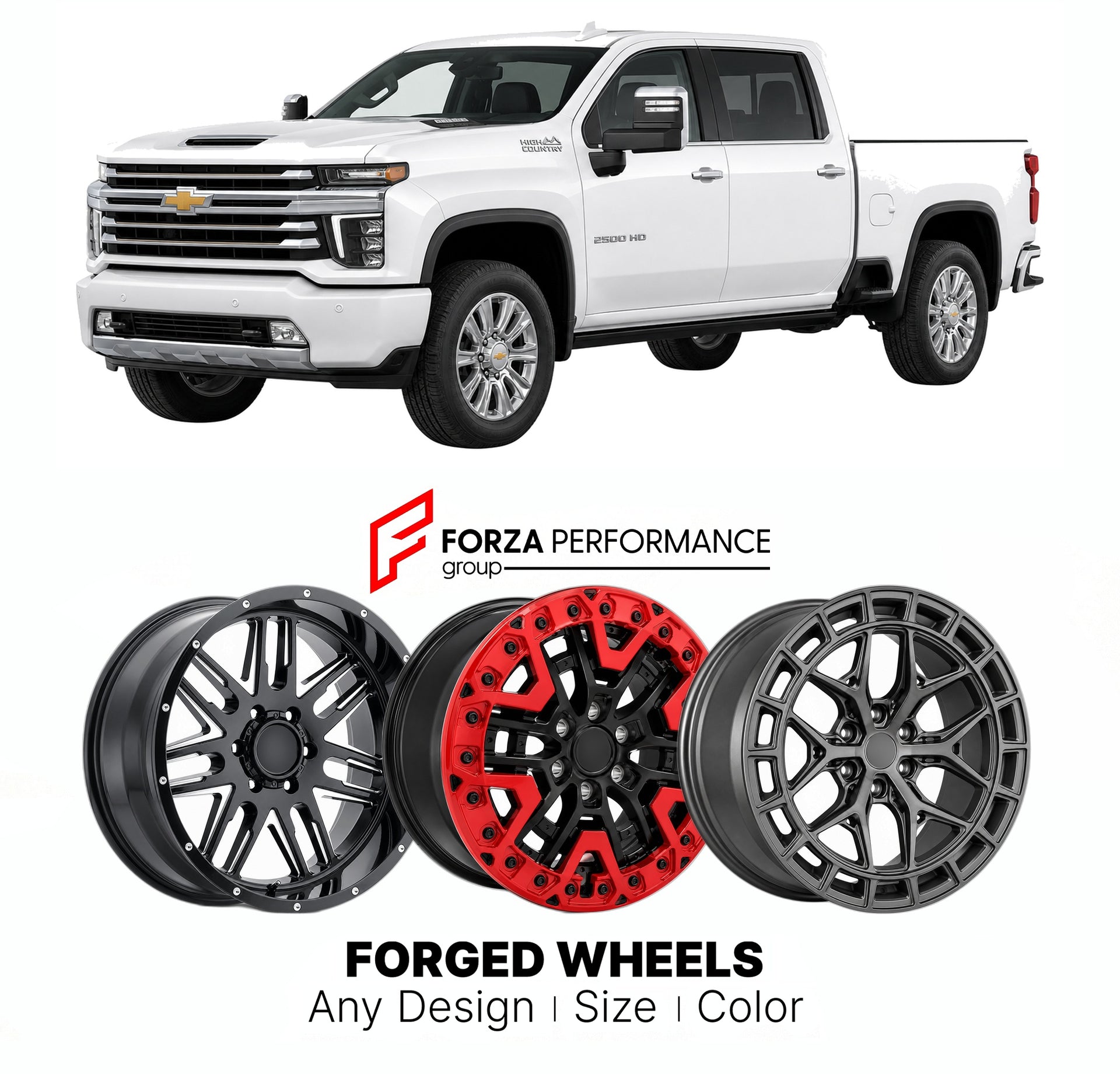FORGED WHEELS RIMS for CHEVROLET SILVERADO HD 2500HD HIGH COUNTRY T1XX 2020 - 2026

Custom forged wheels for Chevrolet Silverado HD 2500HD High Country T1XX 2020 - 2026. Made-to-order monoblock, 2-piece and 3-piece rims in custom sizes, offsets, colors and finishes with guaranteed fitment.

We manufacture premium quality forged wheels rims for Chevrolet Silverado HD 2500HD High Country T1XX 2020 - 2026 in any design, size, color.

THIS WHEEL DESIGN CAN BE CUSTOM-MADE FOR YOUR CAR IN ANY SIZE AND COLOR OPTIO