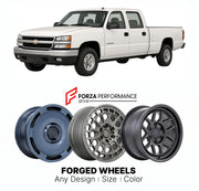 FORGED WHEELS RIMS for CHEVROLET SILVERADO HD 3500HD GMT400 GMT800 1990 - 2007

Custom forged wheels for Chevrolet Silverado HD 3500HD GMT400 GMT800 1990 - 2007. Made-to-order monoblock, 2-piece and 3-piece rims in custom sizes, offsets, colors and finishes with guaranteed fitment.

We manufacture premium quality forged wheels rims for Chevrolet Silverado HD 3500HD GMT400 GMT800 1990 - 2007 in any design, size, color.

THIS WHEEL DESIGN CAN BE CUSTOM-MADE FOR YOUR CAR IN ANY SIZE AND COLOR OPTIONS
Available