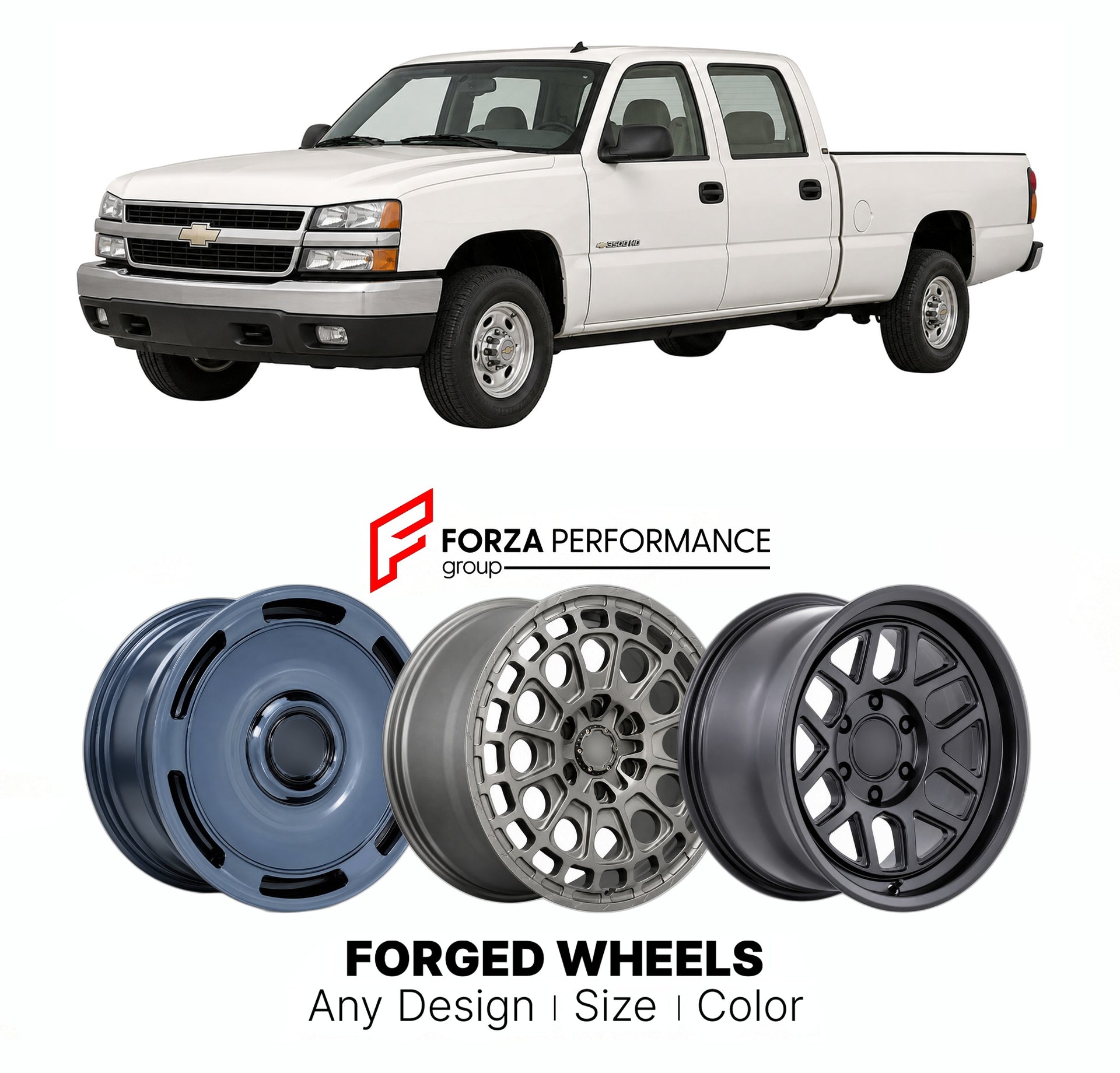 FORGED WHEELS RIMS for CHEVROLET SILVERADO HD 3500HD GMT400 GMT800 1990 - 2007

Custom forged wheels for Chevrolet Silverado HD 3500HD GMT400 GMT800 1990 - 2007. Made-to-order monoblock, 2-piece and 3-piece rims in custom sizes, offsets, colors and finishes with guaranteed fitment.

We manufacture premium quality forged wheels rims for Chevrolet Silverado HD 3500HD GMT400 GMT800 1990 - 2007 in any design, size, color.

THIS WHEEL DESIGN CAN BE CUSTOM-MADE FOR YOUR CAR IN ANY SIZE AND COLOR OPTIONS
Available