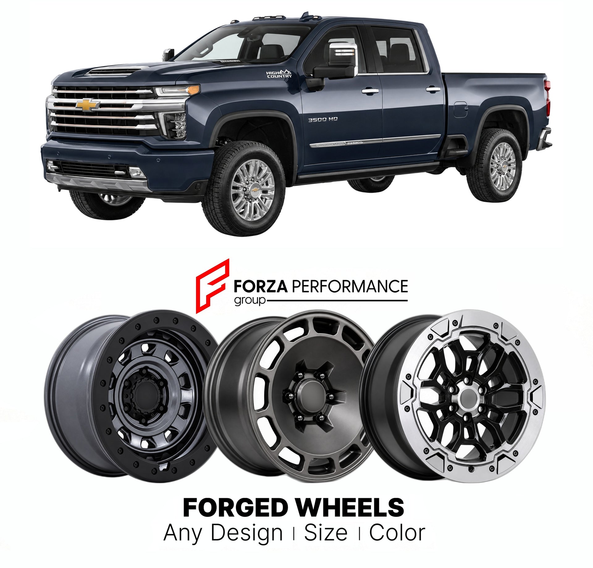 FORGED WHEELS RIMS for CHEVROLET SILVERADO HD 3500HD HIGH COUNTRY T1XX 2020 - 2026

Custom forged wheels for Chevrolet Silverado HD 3500HD High Country T1XX 2020 - 2026. Made-to-order monoblock, 2-piece and 3-piece rims in custom sizes, offsets, colors and finishes with guaranteed fitment.

We manufacture premium quality forged wheels rims for Chevrolet Silverado HD 3500HD High Country T1XX 2020 - 2026 in any design, size, color.

THIS WHEEL DESIGN CAN BE CUSTOM-MADE FOR YOUR CAR IN ANY SIZE AND COLOR OPTIO