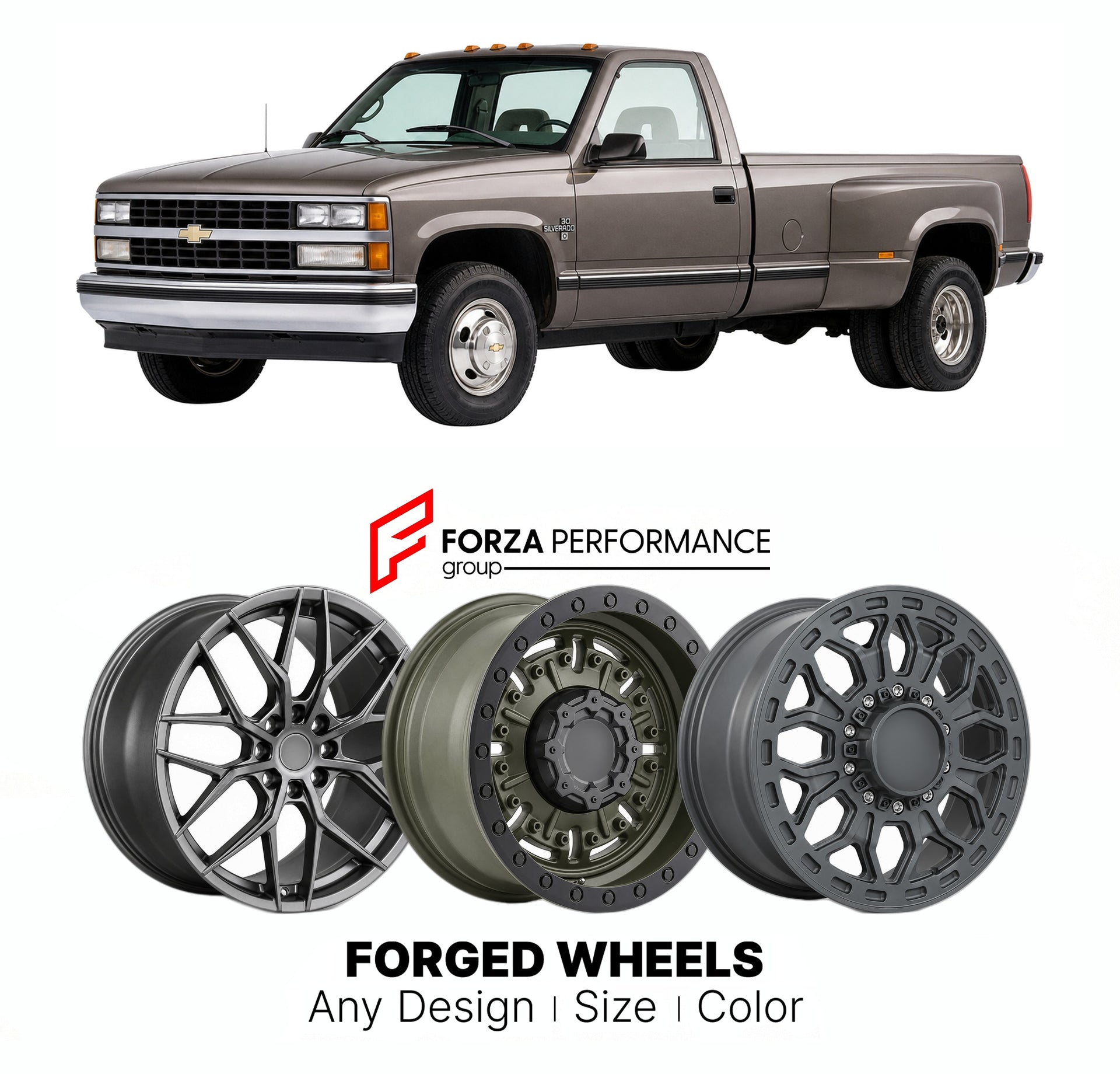 FORGED WHEELS RIMS for CHEVROLET SILVERADO HD DUALLY GMT400 GMT800 1990 - 2007

Custom forged wheels for Chevrolet Silverado HD Dually GMT400 GMT800 1990 - 2007. Made-to-order monoblock, 2-piece and 3-piece rims in custom sizes, offsets, colors and finishes with guaranteed fitment.

We manufacture premium quality forged wheels rims for Chevrolet Silverado HD Dually GMT400 GMT800 1990 - 2007 in any design, size, color.

THIS WHEEL DESIGN CAN BE CUSTOM-MADE FOR YOUR CAR IN ANY SIZE AND COLOR OPTIONS
Available