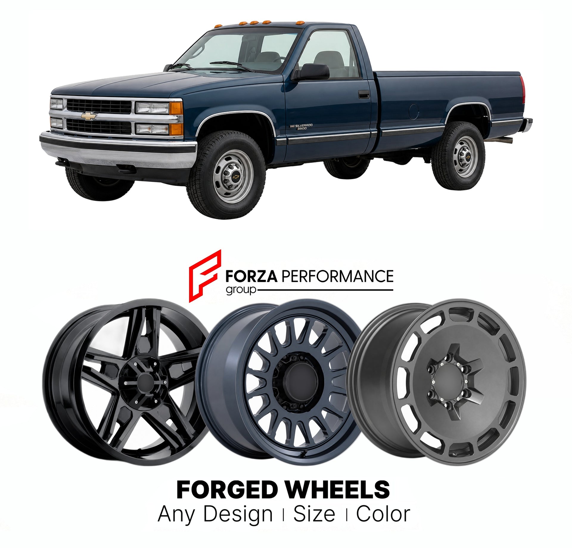 FORGED WHEELS RIMS for CHEVROLET SILVERADO HD DURAMAX GMT400 GMT800 1990 - 2007

Custom forged wheels for Chevrolet Silverado HD Duramax GMT400 GMT800 1990 - 2007. Made-to-order monoblock, 2-piece and 3-piece rims in custom sizes, offsets, colors and finishes with guaranteed fitment.

We manufacture premium quality forged wheels rims for Chevrolet Silverado HD Duramax GMT400 GMT800 1990 - 2007 in any design, size, color.

THIS WHEEL DESIGN CAN BE CUSTOM-MADE FOR YOUR CAR IN ANY SIZE AND COLOR OPTIONS
Availa